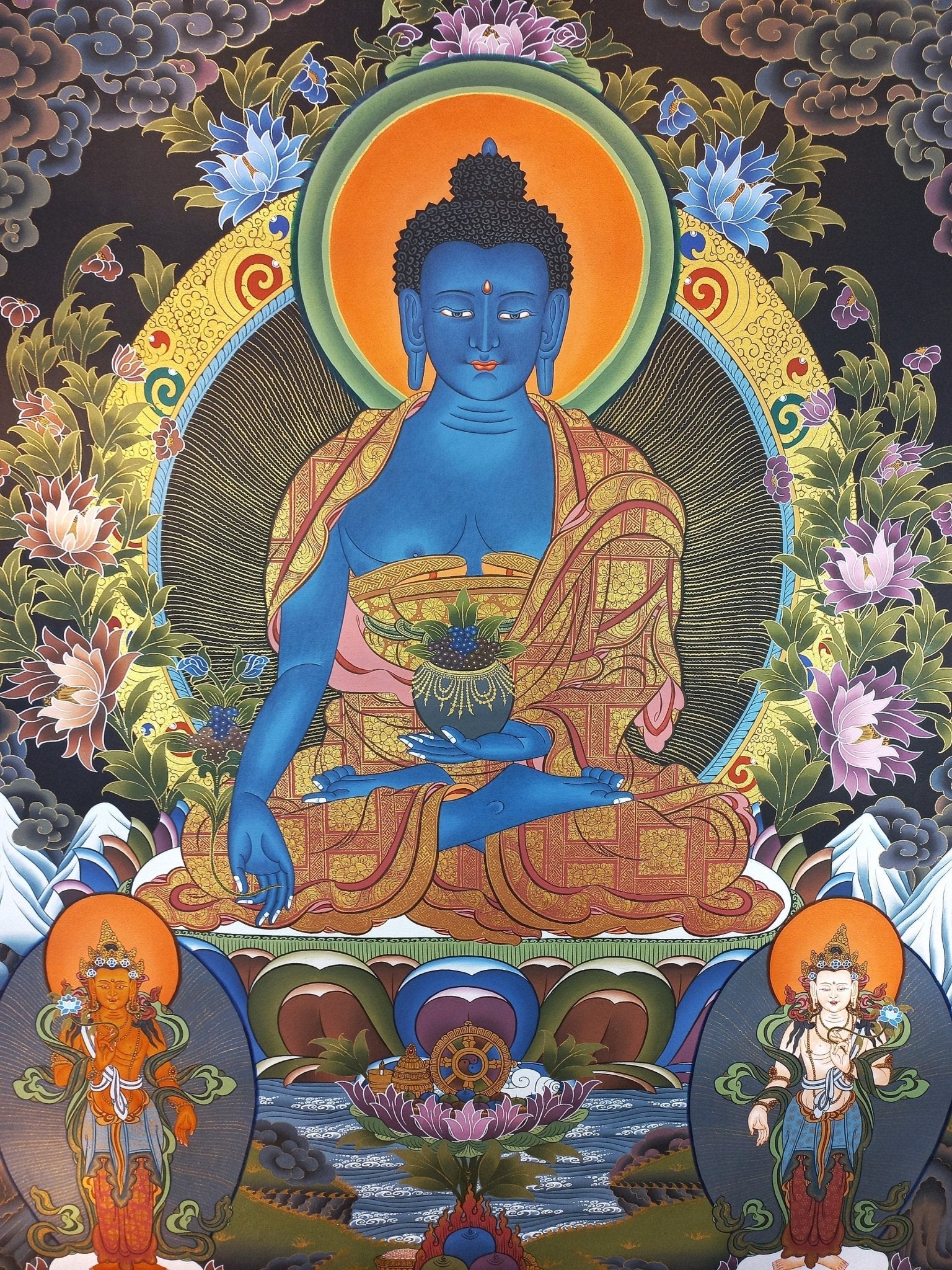Original Hand - Painted Medicine Buddha / Bhaisajyaguru 24 K Gold Masterpiece Large Tibetan Mediation Thangka Painting/ Thanka Art - Tibetan Thangka Art