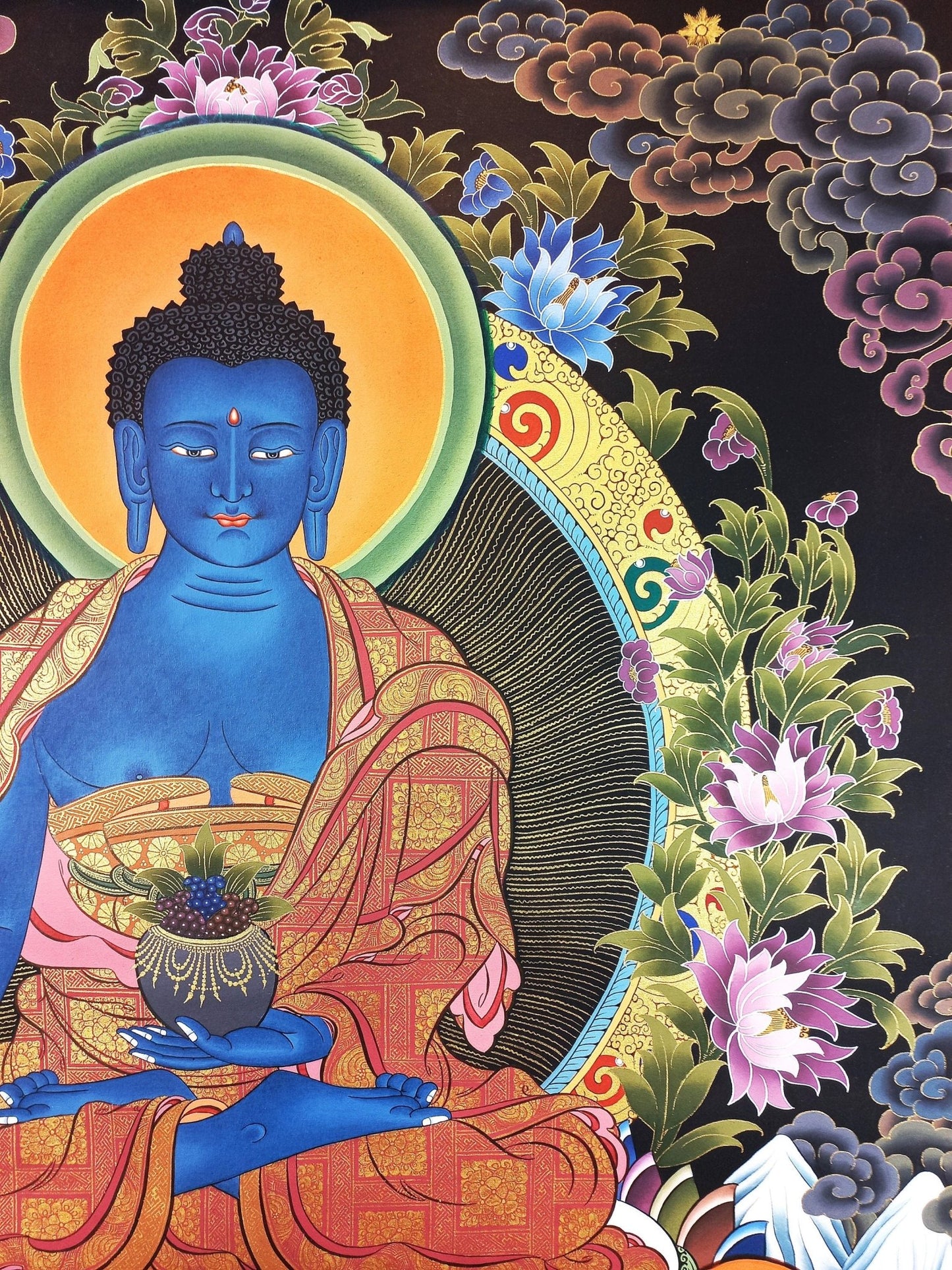 Original Hand - Painted Medicine Buddha / Bhaisajyaguru 24 K Gold Masterpiece Large Tibetan Mediation Thangka Painting/ Thanka Art - Tibetan Thangka Art