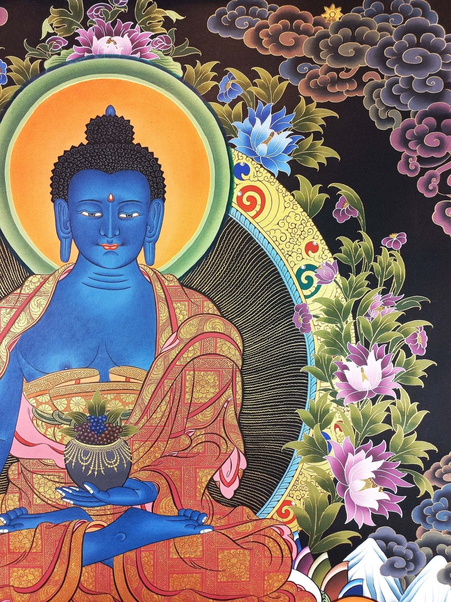 Original Hand - Painted Medicine Buddha / Bhaisajyaguru 24 K Gold Masterpiece Large Tibetan Mediation Thangka Painting/ Thanka Art - Tibetan Thangka Art