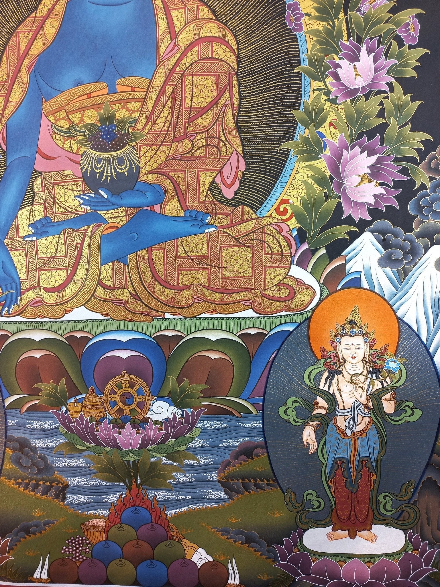 Original Hand - Painted Medicine Buddha / Bhaisajyaguru 24 K Gold Masterpiece Large Tibetan Mediation Thangka Painting/ Thanka Art - Tibetan Thangka Art