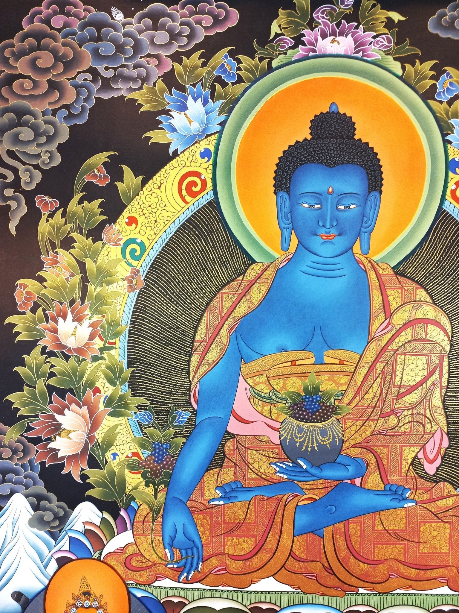 Original Hand - Painted Medicine Buddha / Bhaisajyaguru 24 K Gold Masterpiece Large Tibetan Mediation Thangka Painting/ Thanka Art - Tibetan Thangka Art