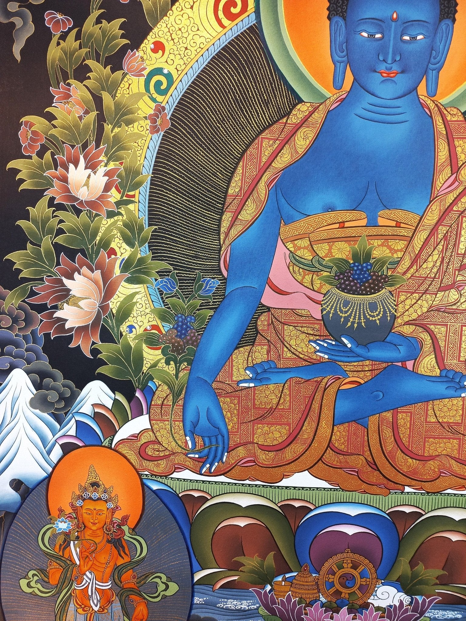 Original Hand - Painted Medicine Buddha / Bhaisajyaguru 24 K Gold Masterpiece Large Tibetan Mediation Thangka Painting/ Thanka Art - Tibetan Thangka Art
