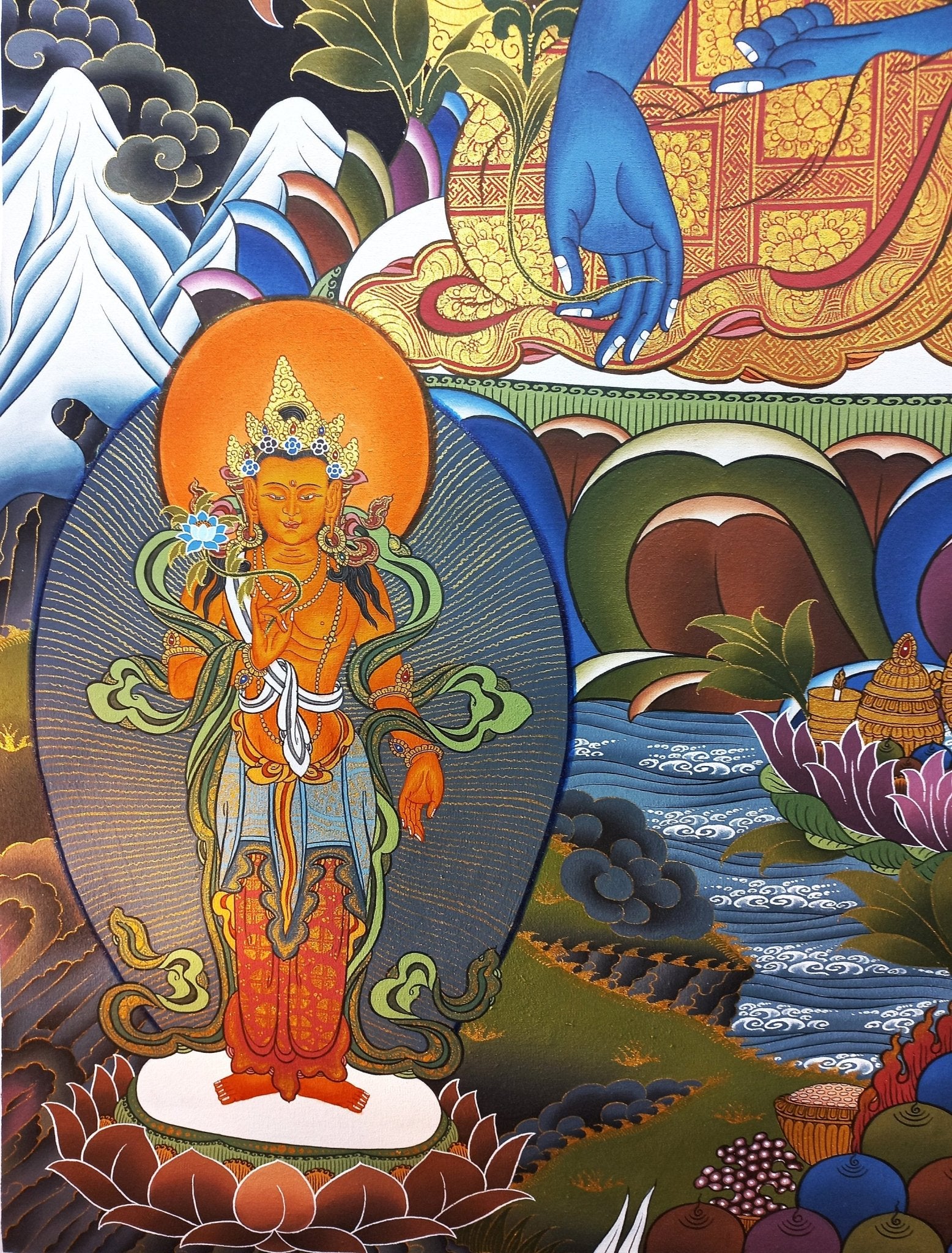 Original Hand - Painted Medicine Buddha / Bhaisajyaguru 24 K Gold Masterpiece Large Tibetan Mediation Thangka Painting/ Thanka Art - Tibetan Thangka Art