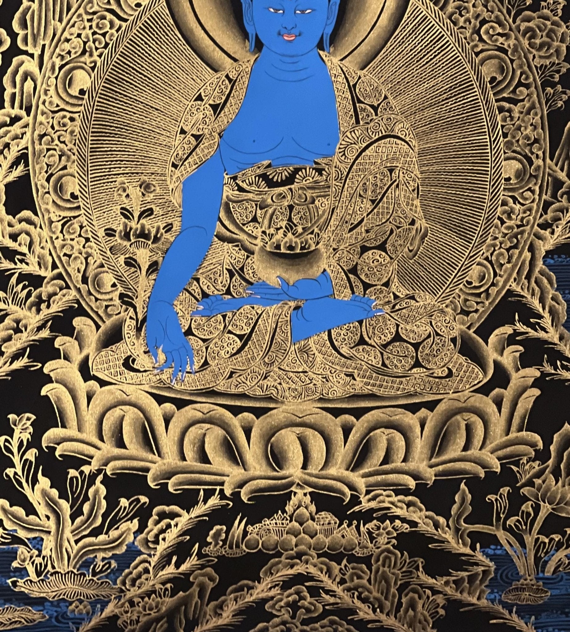 Original Hand - Painted Medicine Buddha / Bhaisajyaguru Blue and Gold Tibetan Thangka Painting Meditation Art with High - Quality Silk Brocade - Tibetan Thangka Art