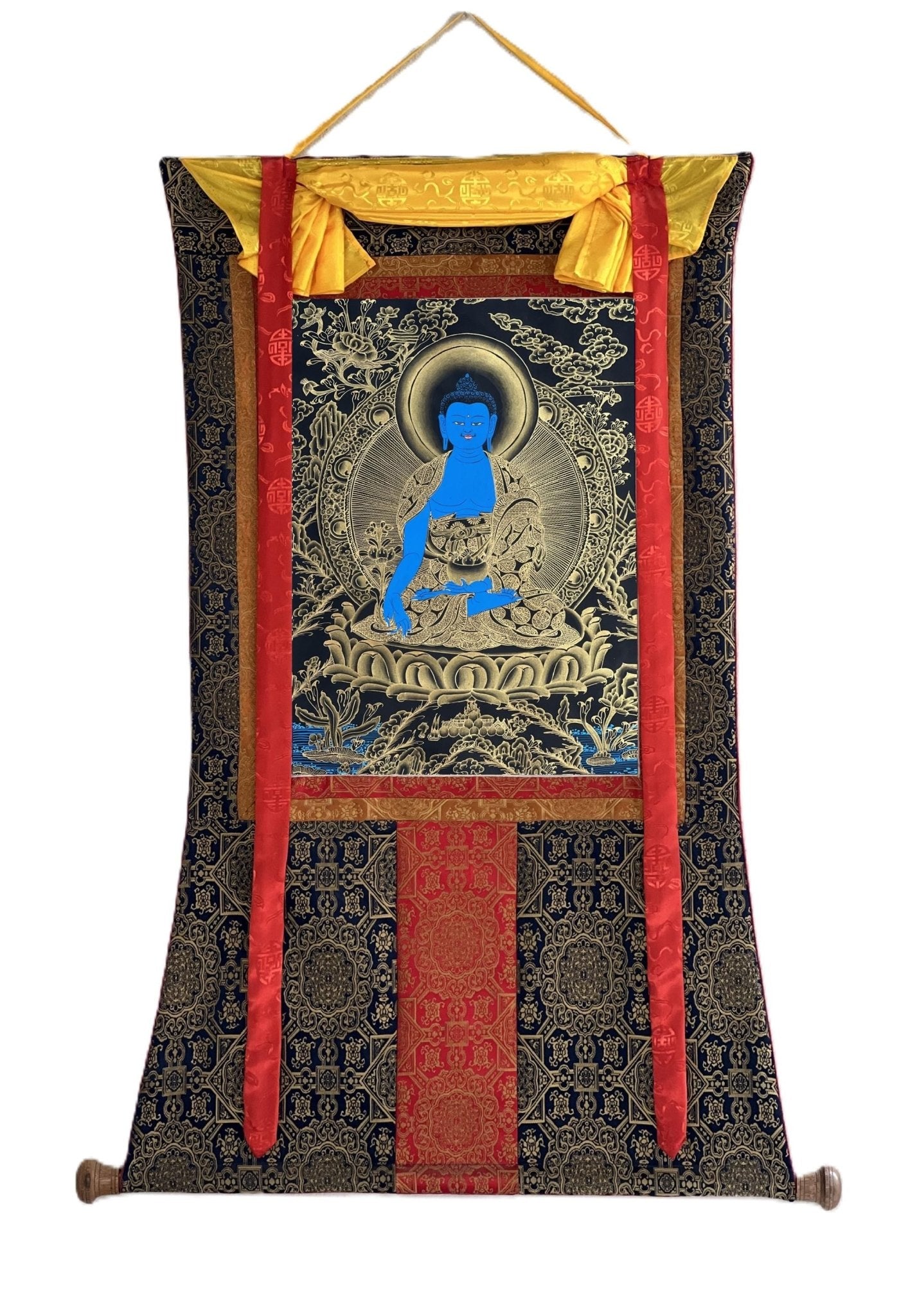 Original Hand - Painted Medicine Buddha / Bhaisajyaguru Blue and Gold Tibetan Thangka Painting Meditation Art with High - Quality Silk Brocade - Tibetan Thangka Art