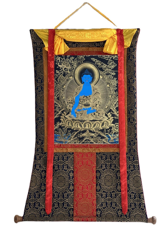 Original Hand - Painted Medicine Buddha / Bhaisajyaguru Blue and Gold Tibetan Thangka Painting Meditation Art with High - Quality Silk Brocade - Tibetan Thangka Art