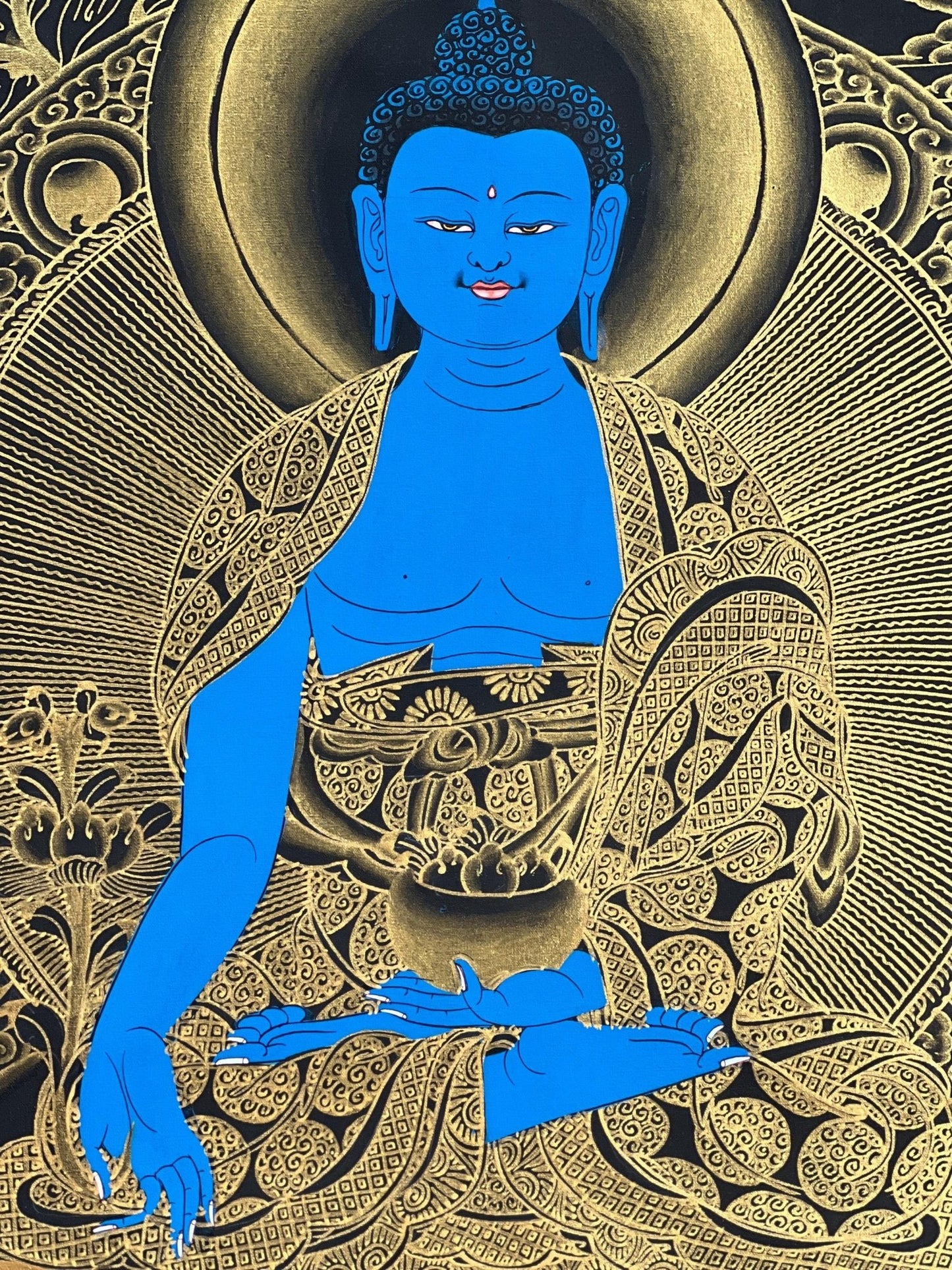 Original Hand - Painted Medicine Buddha / Bhaisajyaguru Blue and Gold Tibetan Thangka Painting Meditation Art with High - Quality Silk Brocade - Tibetan Thangka Art