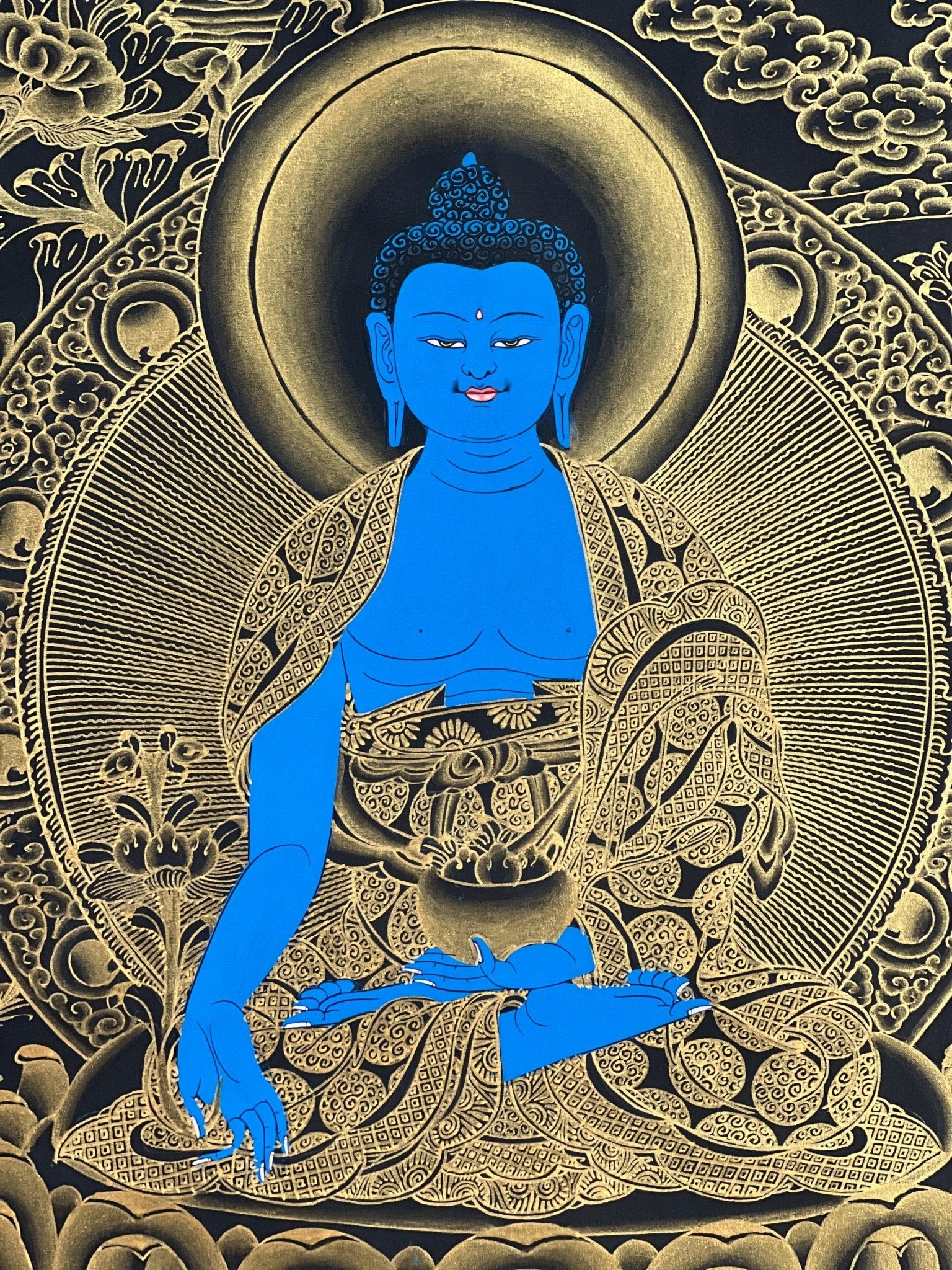 Original Hand - Painted Medicine Buddha / Bhaisajyaguru Blue and Gold Tibetan Thangka Painting Meditation Art with High - Quality Silk Brocade - Tibetan Thangka Art