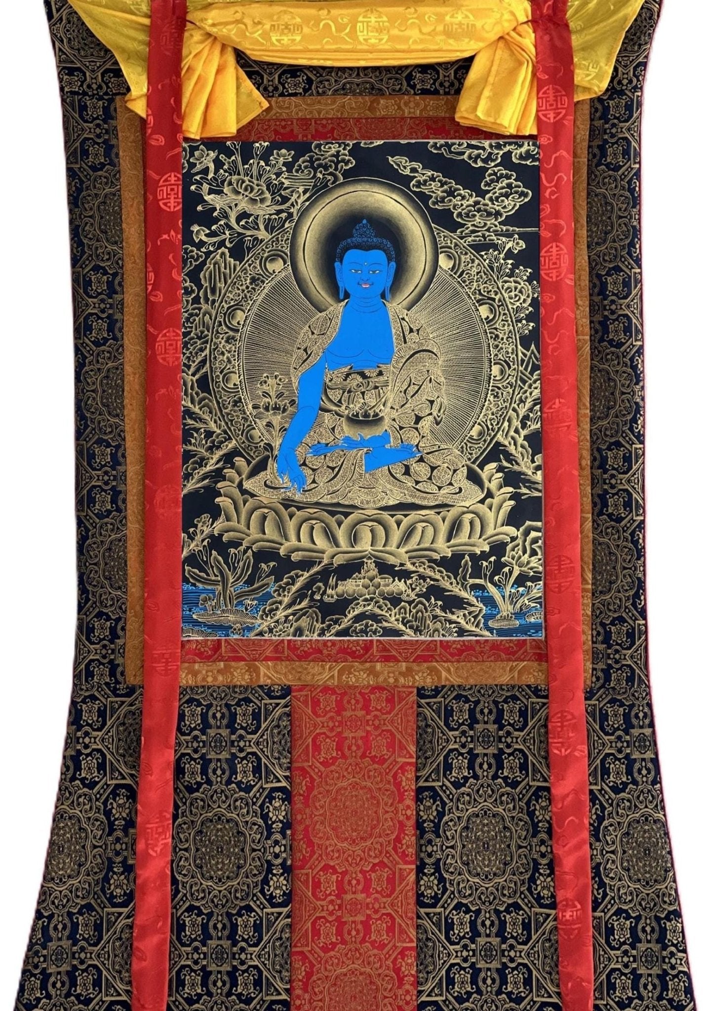 Original Hand - Painted Medicine Buddha / Bhaisajyaguru Blue and Gold Tibetan Thangka Painting Meditation Art with High - Quality Silk Brocade - Tibetan Thangka Art