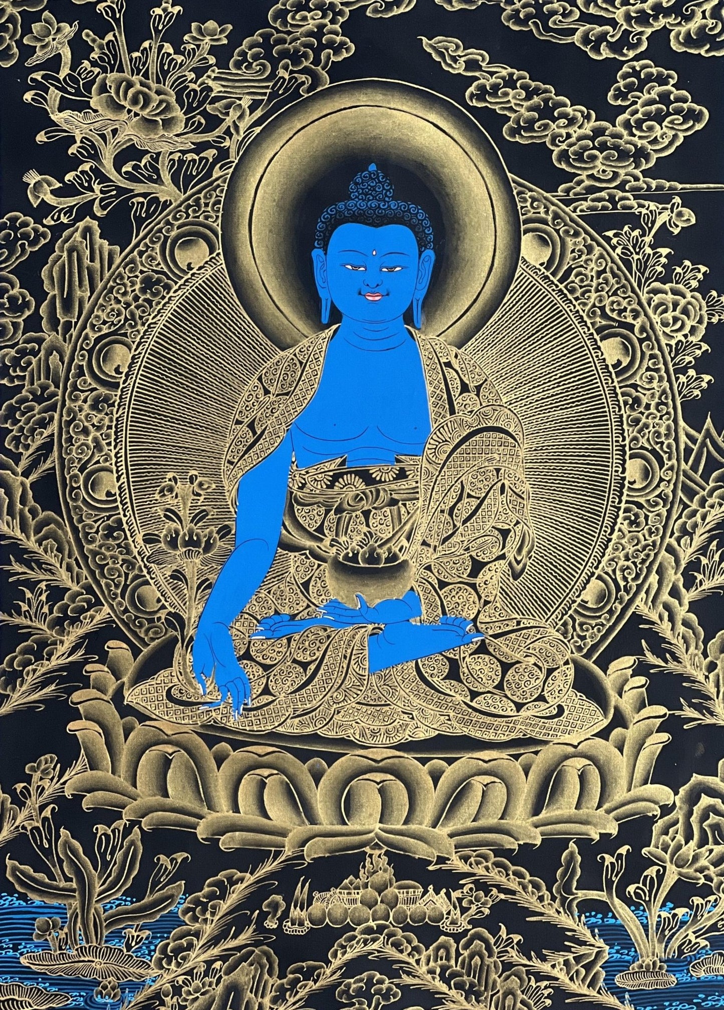 Original Hand - Painted Medicine Buddha / Bhaisajyaguru Blue and Gold Tibetan Thangka Painting Meditation Art with High - Quality Silk Brocade - Tibetan Thangka Art
