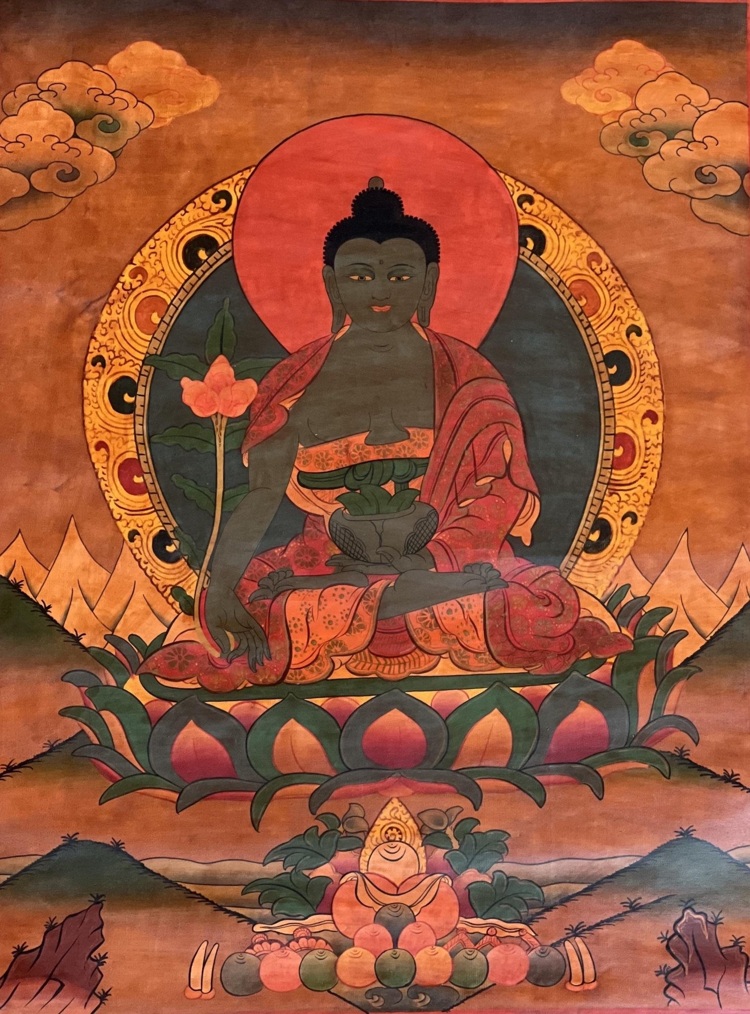 Original Hand - Painted Medicine Buddha / Bhaisajyaguru Old Oil - Varnished Tibetan Thangka Painting Meditation Art Framed with Silk Brocade - Tibetan Thangka Art