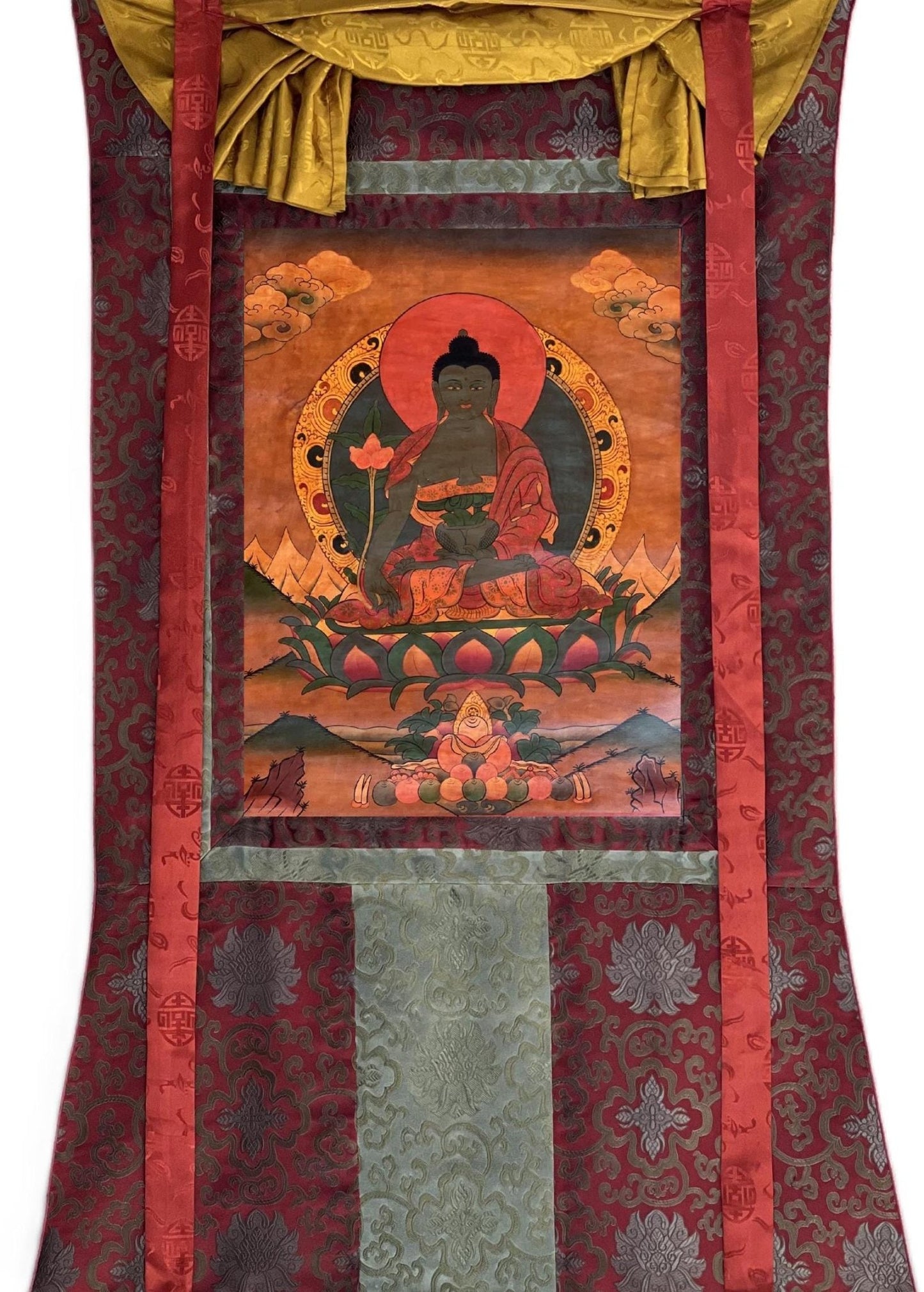 Original Hand - Painted Medicine Buddha / Bhaisajyaguru Old Oil - Varnished Tibetan Thangka Painting Meditation Art Framed with Silk Brocade - Tibetan Thangka Art