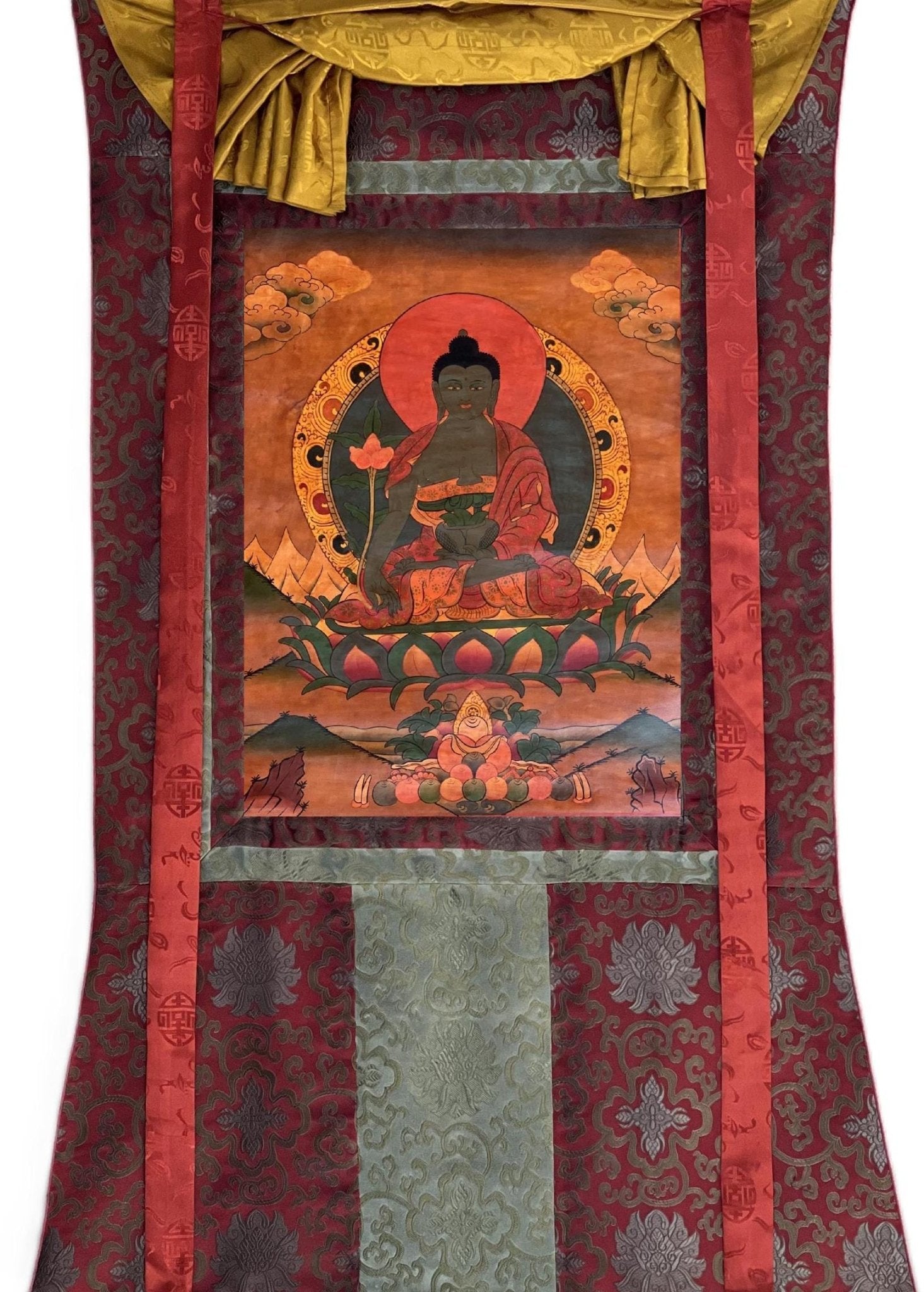 Original Hand - Painted Medicine Buddha / Bhaisajyaguru Old Oil - Varnished Tibetan Thangka Painting Meditation Art Framed with Silk Brocade - Tibetan Thangka Art
