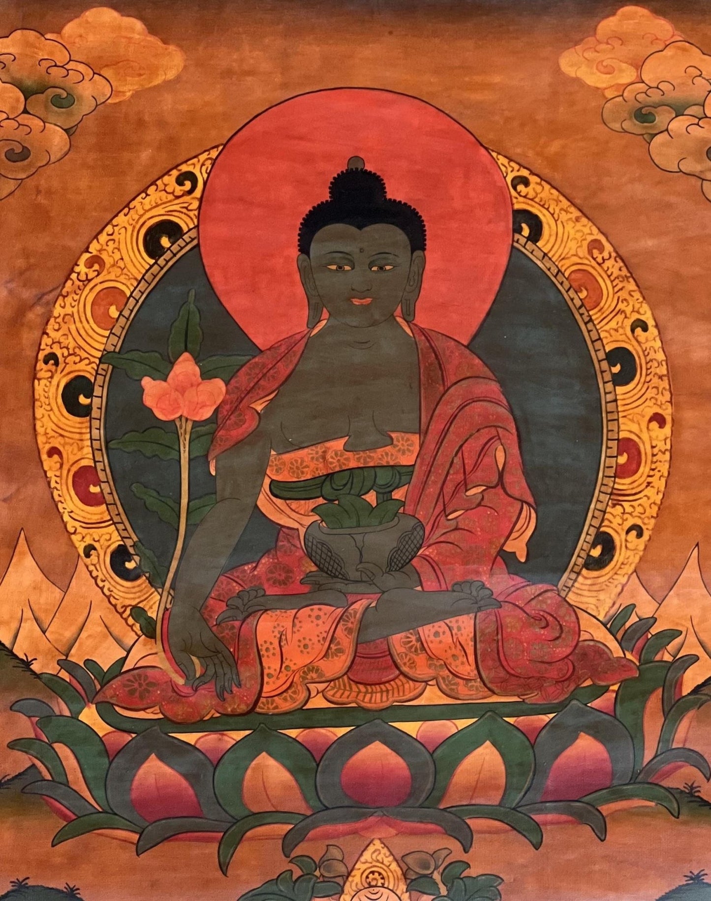 Original Hand - Painted Medicine Buddha / Bhaisajyaguru Old Oil - Varnished Tibetan Thangka Painting Meditation Art Framed with Silk Brocade - Tibetan Thangka Art