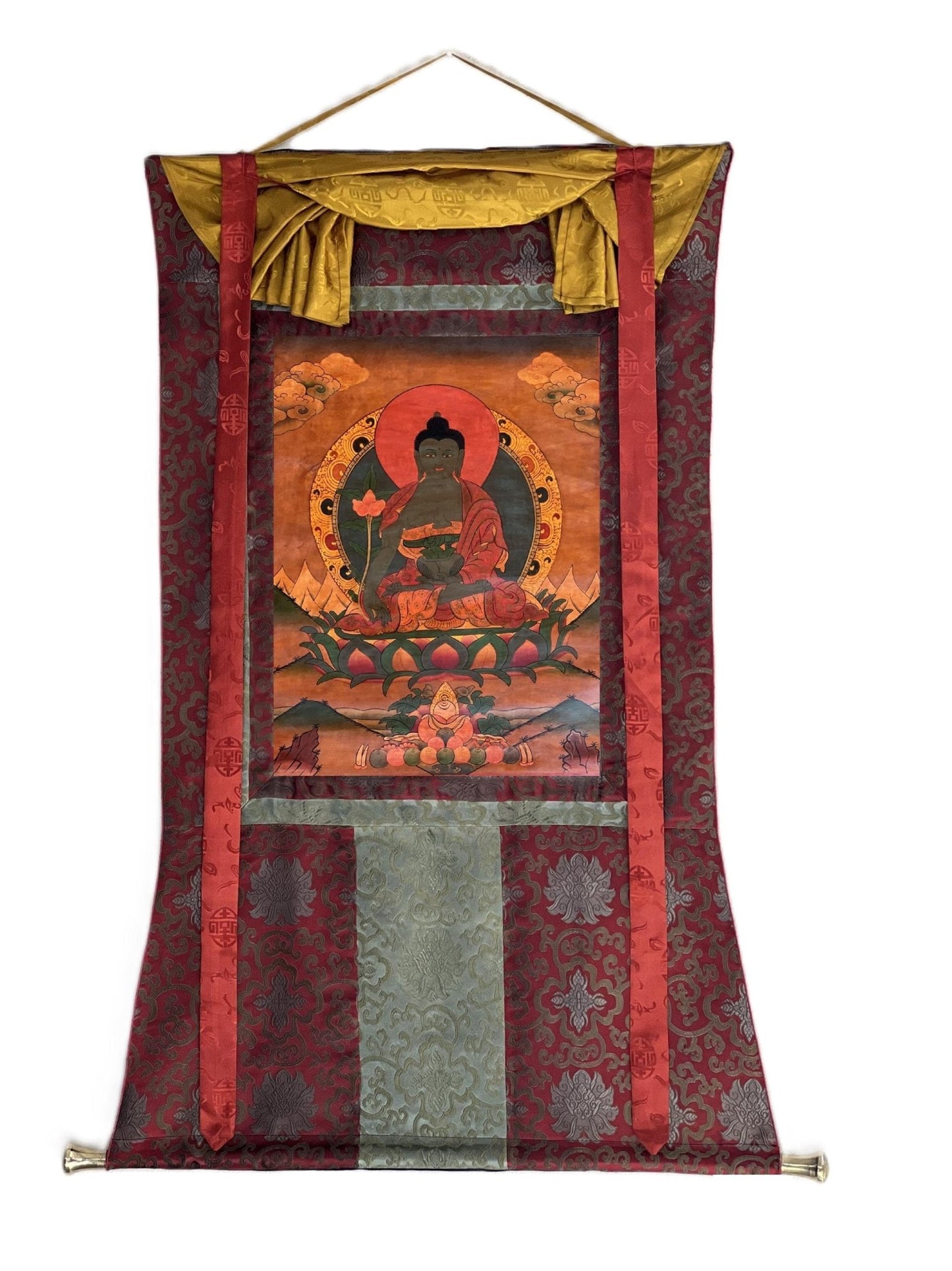 Original Hand - Painted Medicine Buddha / Bhaisajyaguru Old Oil - Varnished Tibetan Thangka Painting Meditation Art Framed with Silk Brocade - Tibetan Thangka Art