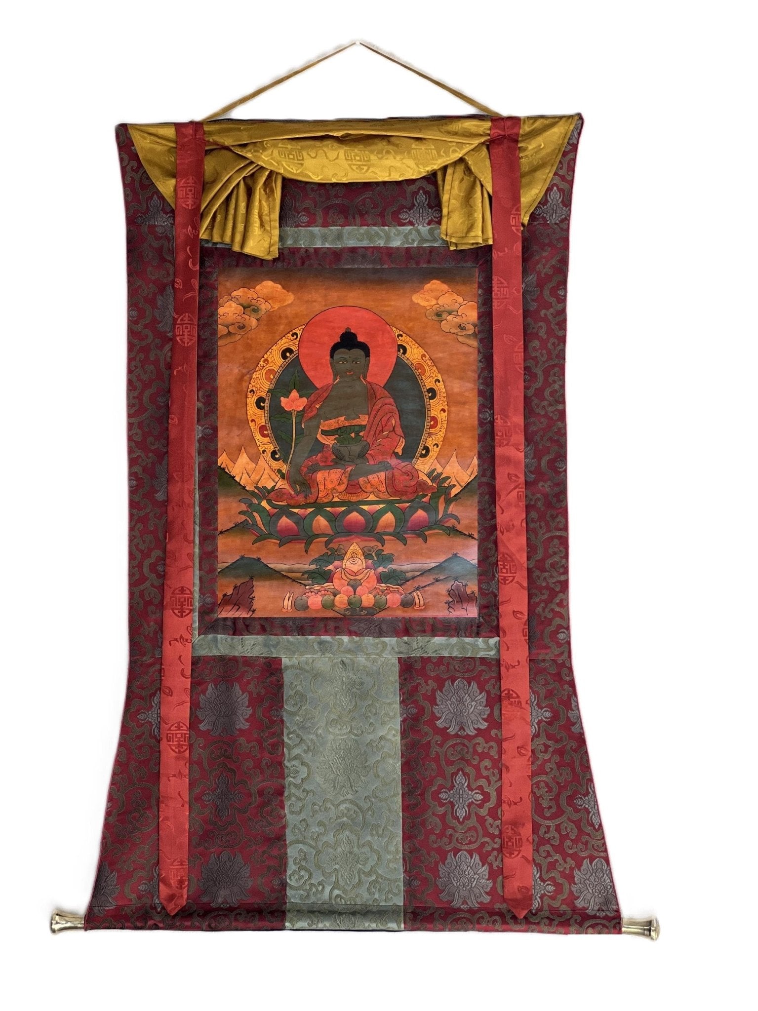 Original Hand - Painted Medicine Buddha / Bhaisajyaguru Old Oil - Varnished Tibetan Thangka Painting Meditation Art Framed with Silk Brocade - Tibetan Thangka Art