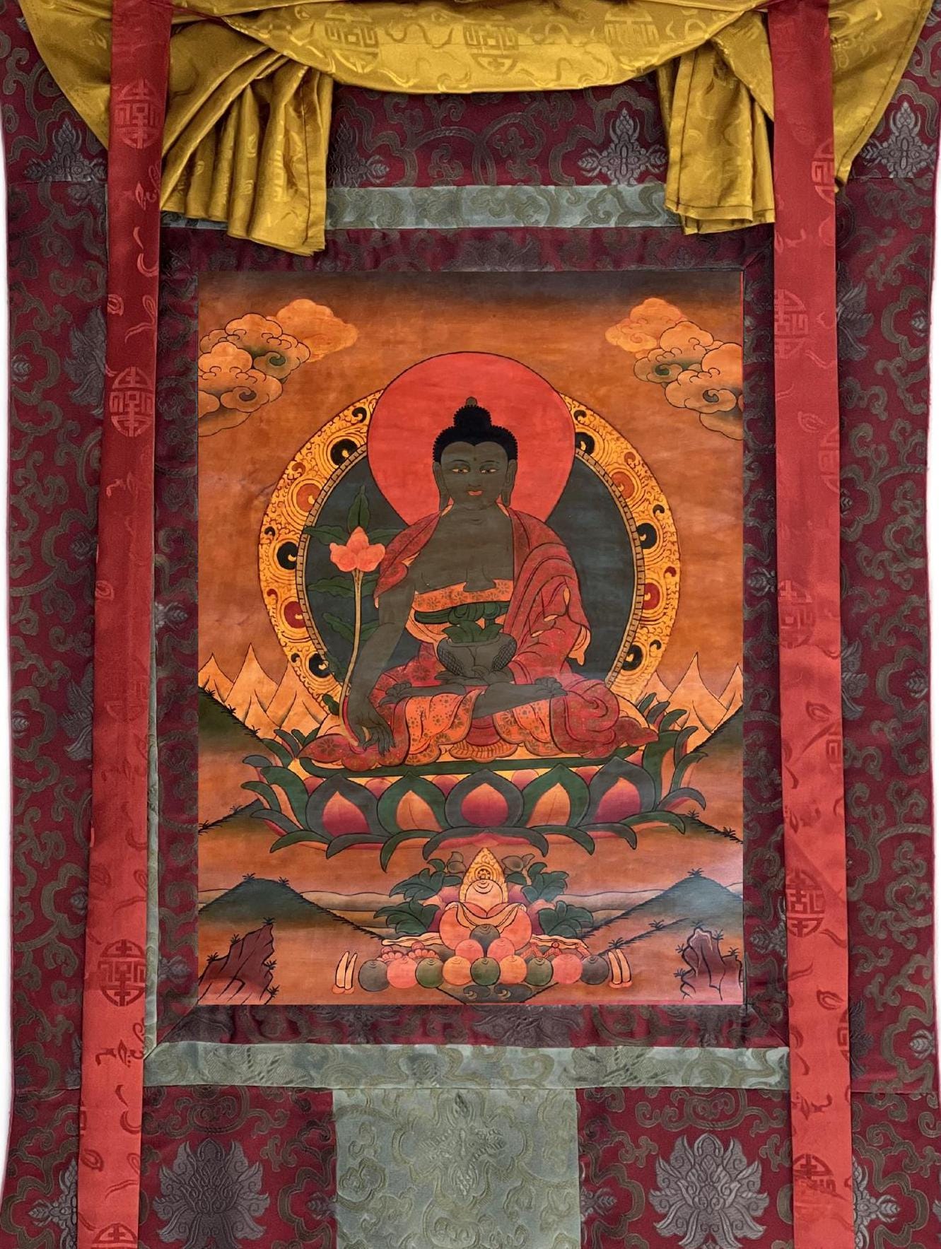 Original Hand - Painted Medicine Buddha / Bhaisajyaguru Old Oil - Varnished Tibetan Thangka Painting Meditation Art Framed with Silk Brocade - Tibetan Thangka Art