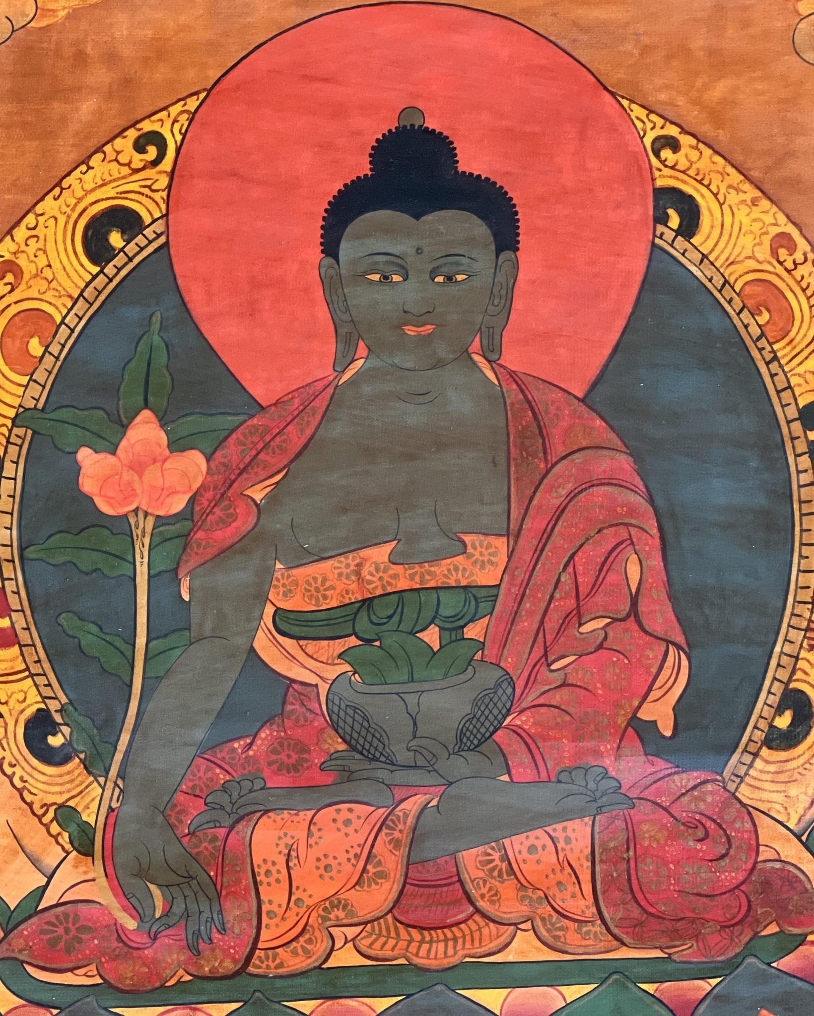 Original Hand - Painted Medicine Buddha / Bhaisajyaguru Old Oil - Varnished Tibetan Thangka Painting Meditation Art Framed with Silk Brocade - Tibetan Thangka Art