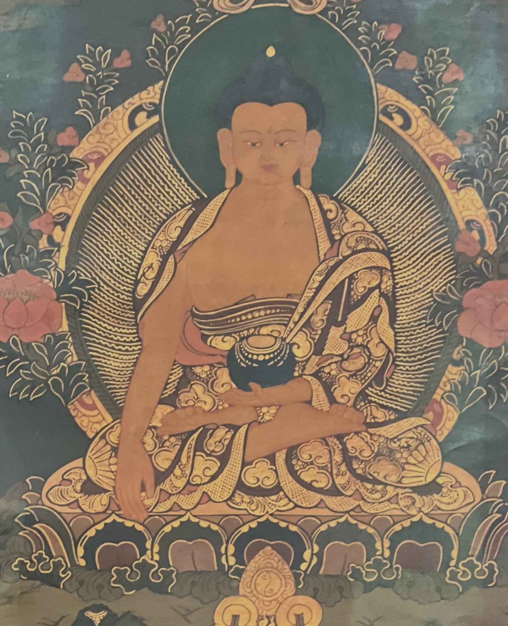 Original Hand - painted Old Oil Varnished Shakyamuni Buddha/ Siddhartha Gautama Tibetan Thangka Painting with Cotton Brocade - Tibetan Thangka Art