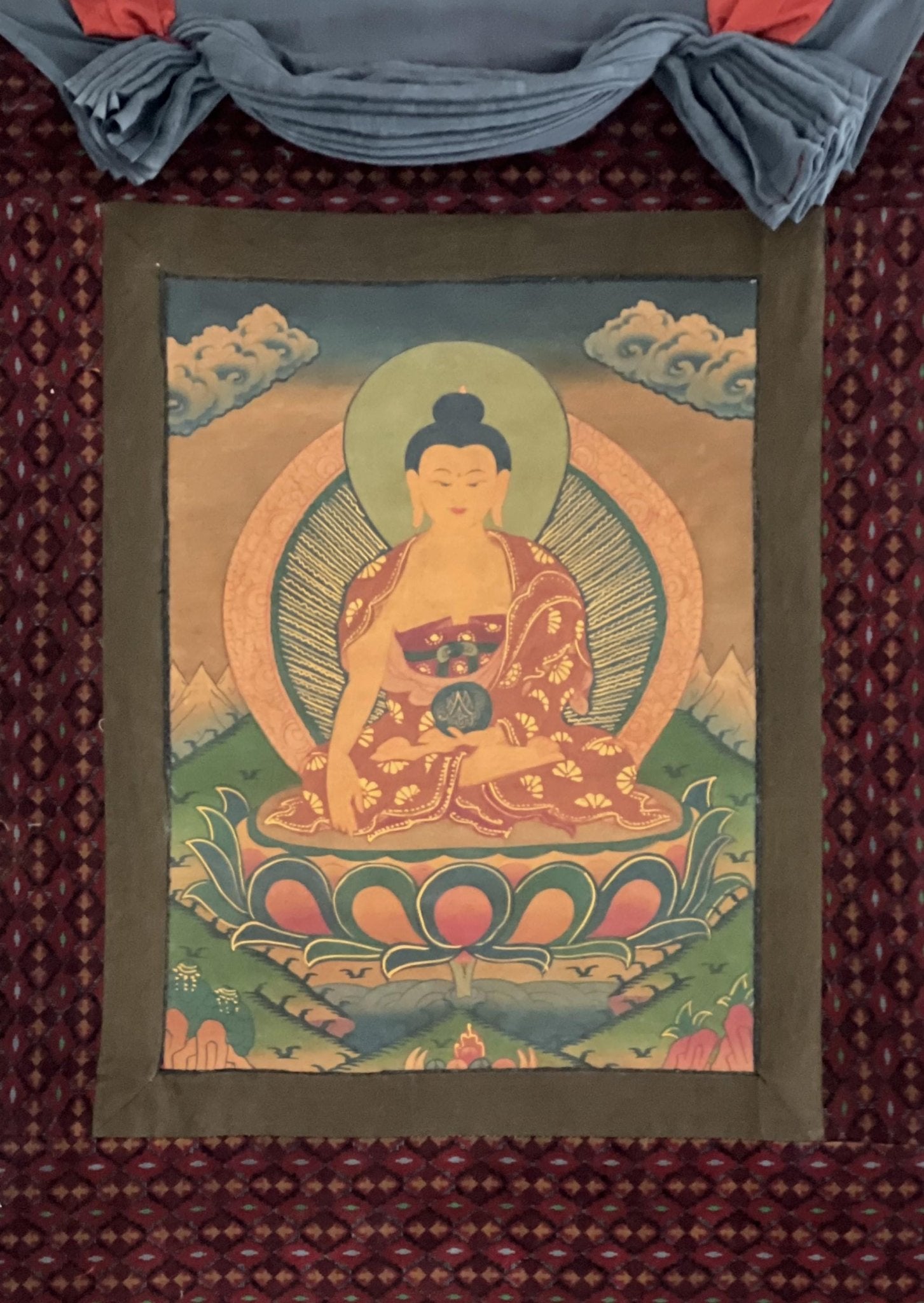 Original Hand - painted Old Oil Varnished Shakyamuni Buddha/ Siddhartha Gautama Tibetan Thangka Painting with Cotton Brocade - Tibetan Thangka Art