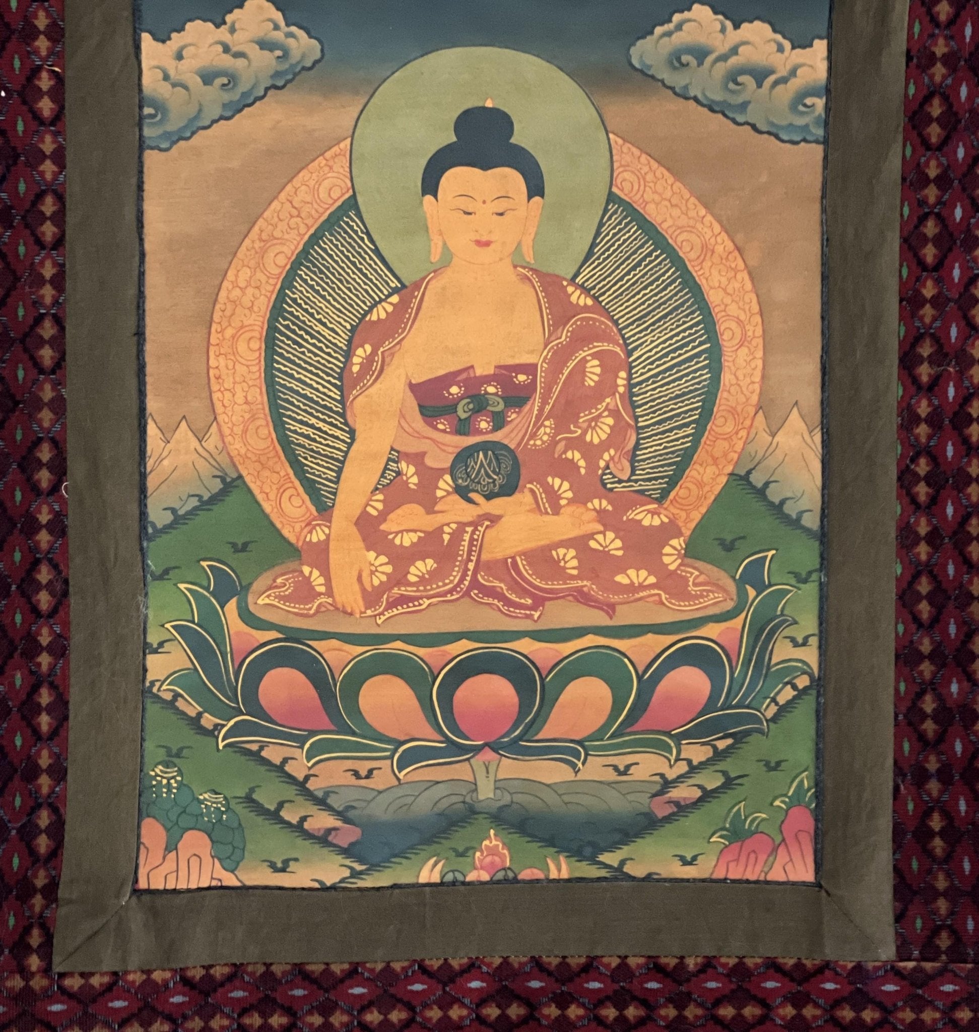 Original Hand - painted Old Oil Varnished Shakyamuni Buddha/ Siddhartha Gautama Tibetan Thangka Painting with Cotton Brocade - Tibetan Thangka Art