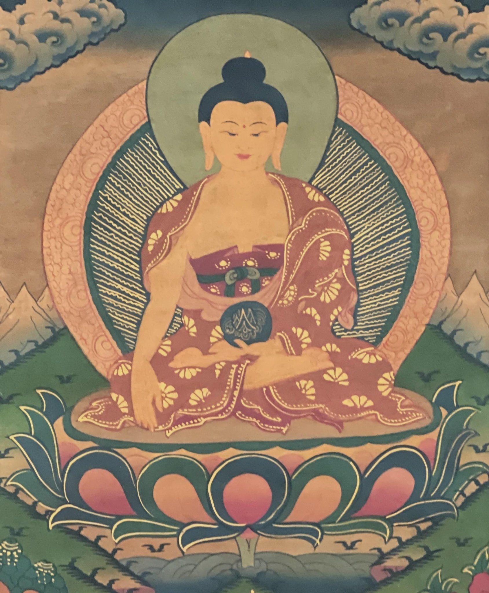 Original Hand - painted Old Oil Varnished Shakyamuni Buddha/ Siddhartha Gautama Tibetan Thangka Painting with Cotton Brocade - Tibetan Thangka Art