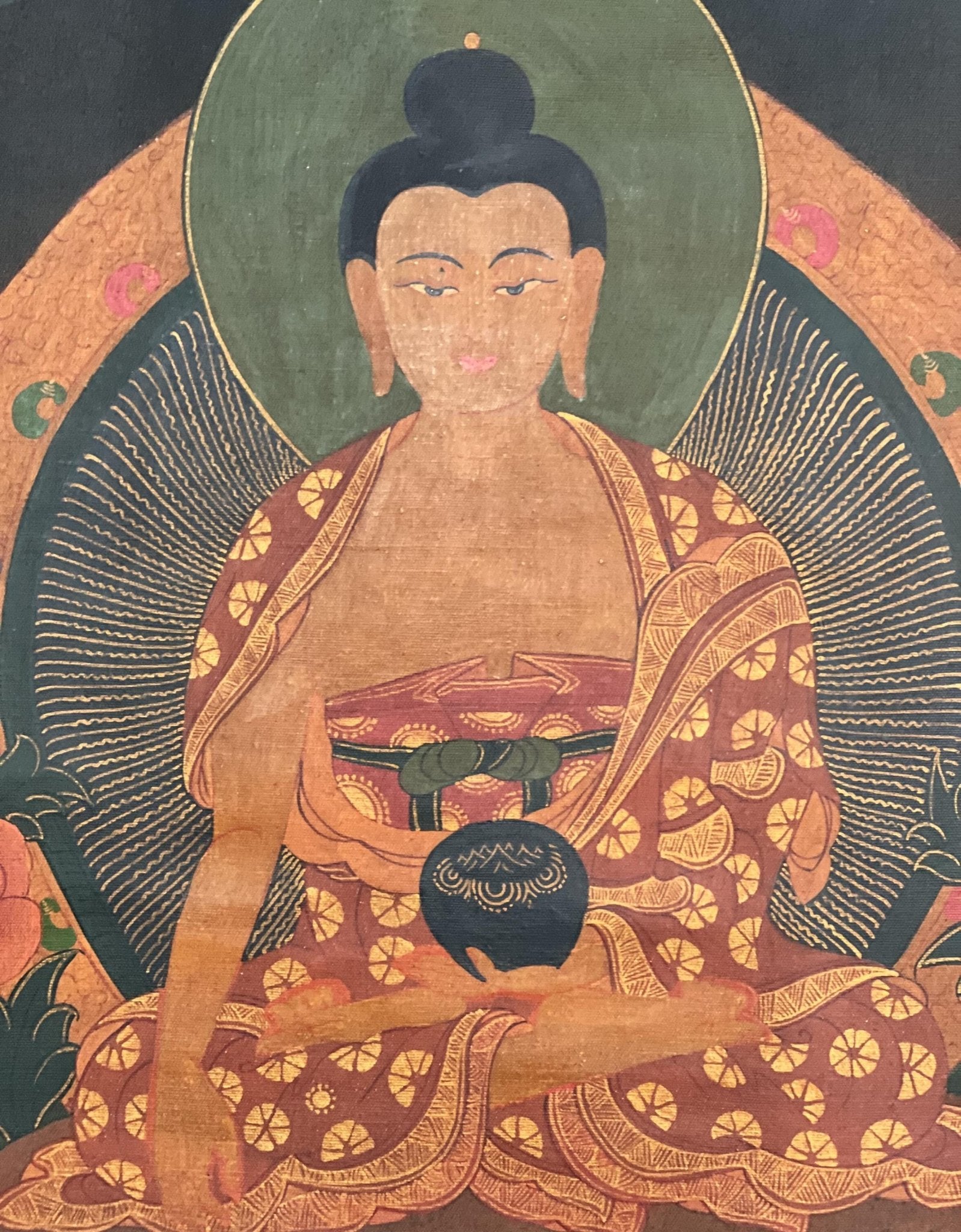 Original Hand - painted Old Oil Varnished Shakyamuni Buddha/ Siddhartha Gautama Tibetan Thangka Painting with Cotton Brocade - Tibetan Thangka Art