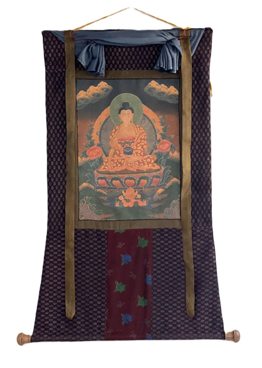 Original Hand - painted Old Oil Varnished Shakyamuni Buddha/ Siddhartha Gautama Tibetan Thangka Painting with Cotton Brocade - Tibetan Thangka Art