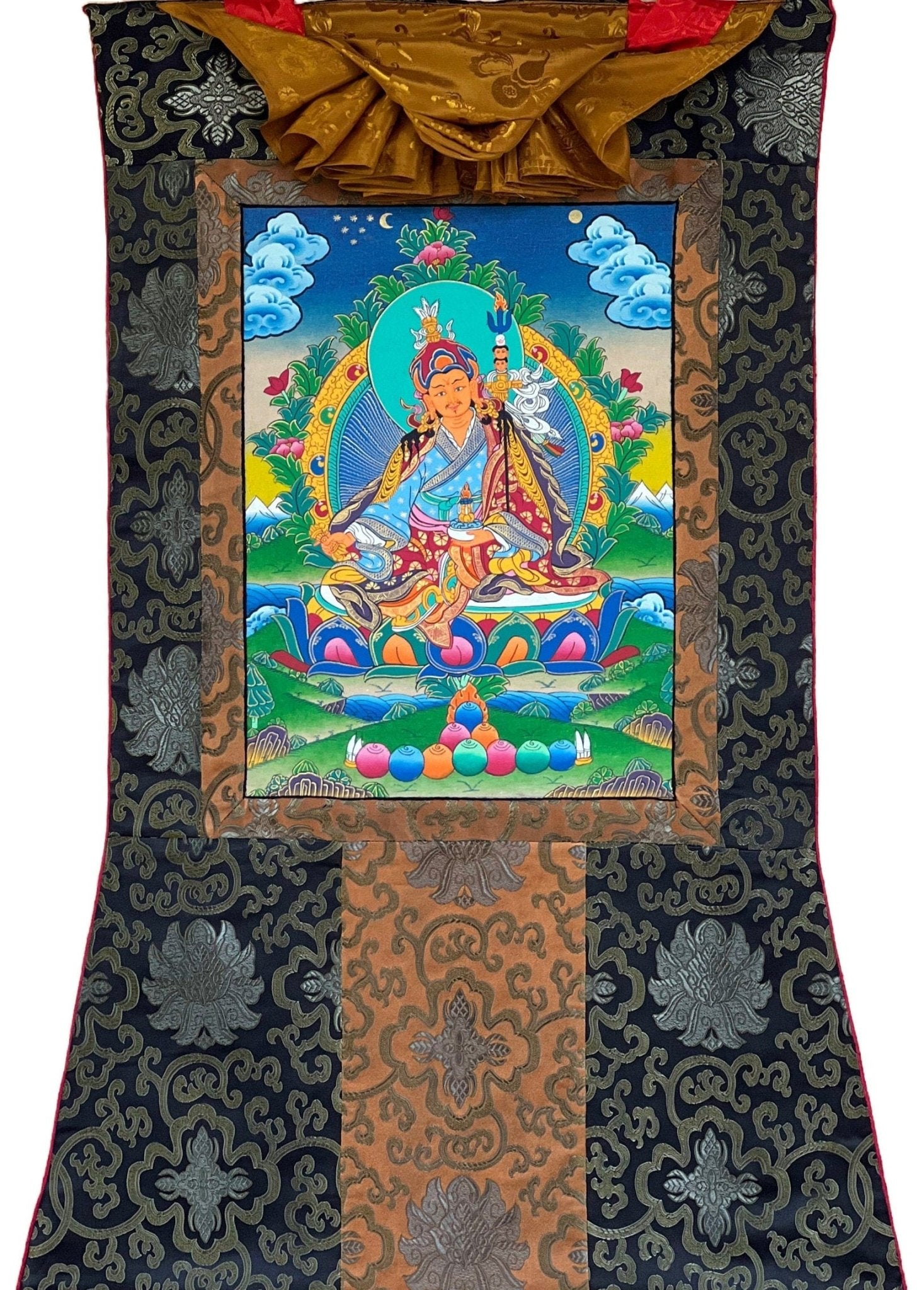 Original Hand - painted Padmasambhava Guru Rinpoche Master Quality Tibetan Thangka Painting with Silk Brocade - Tibetan Thangka Art