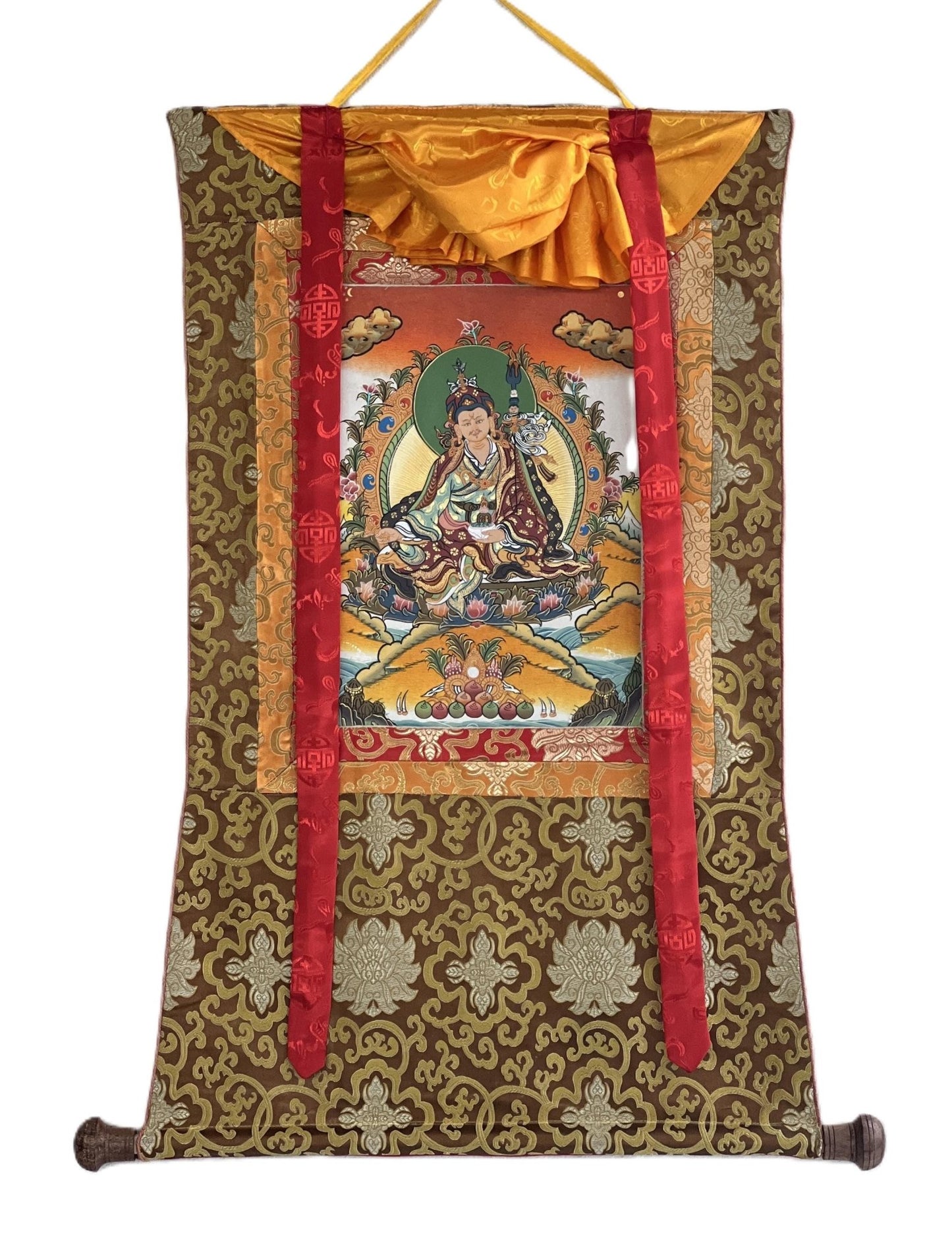 Original Hand - painted Padmasambhava Guru Rinpoche Tibetan Thangka/Thanka Painting with Silk Brocade - Tibetan Thangka Art