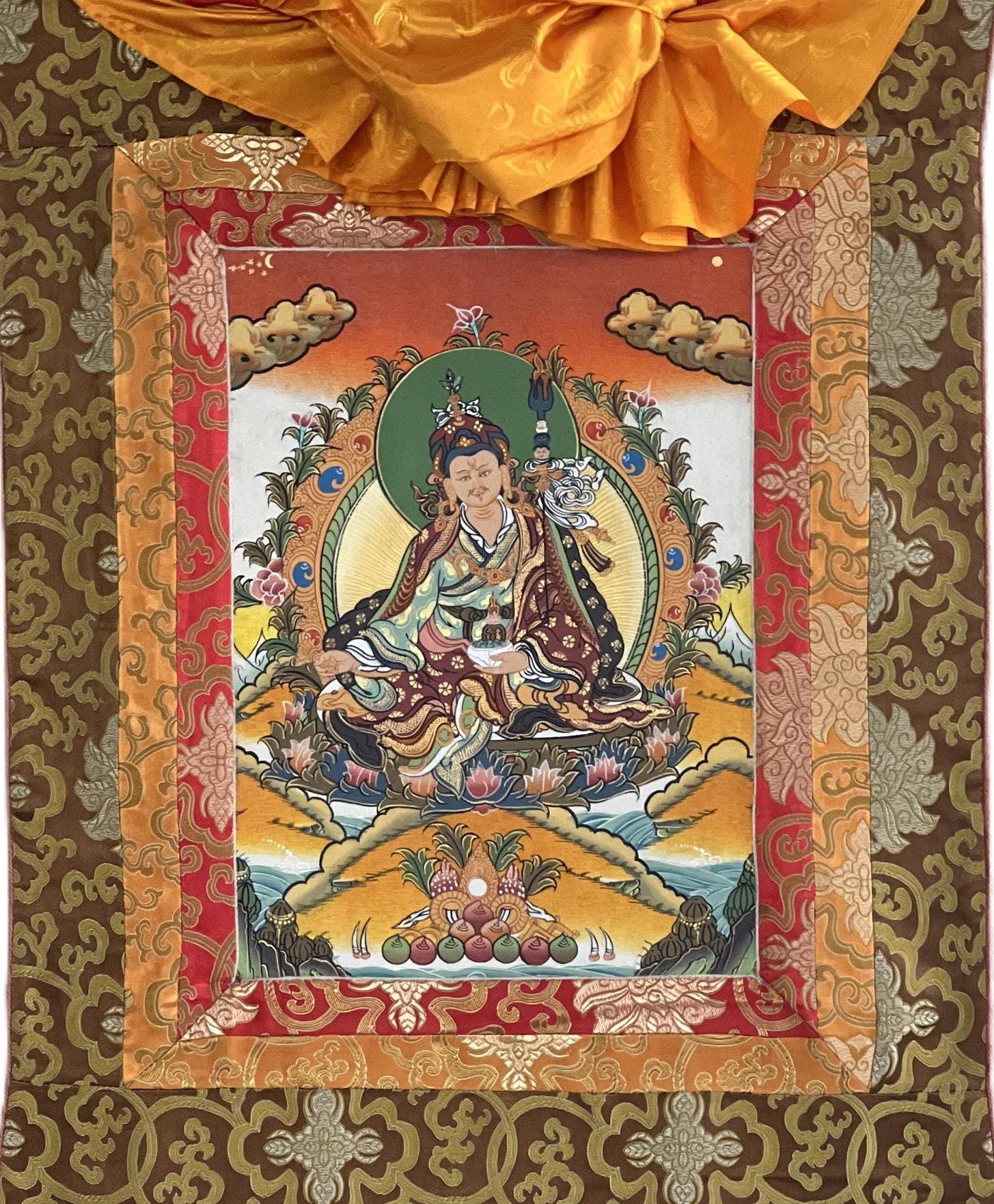 Original Hand - painted Padmasambhava Guru Rinpoche Tibetan Thangka/Thanka Painting with Silk Brocade - Tibetan Thangka Art