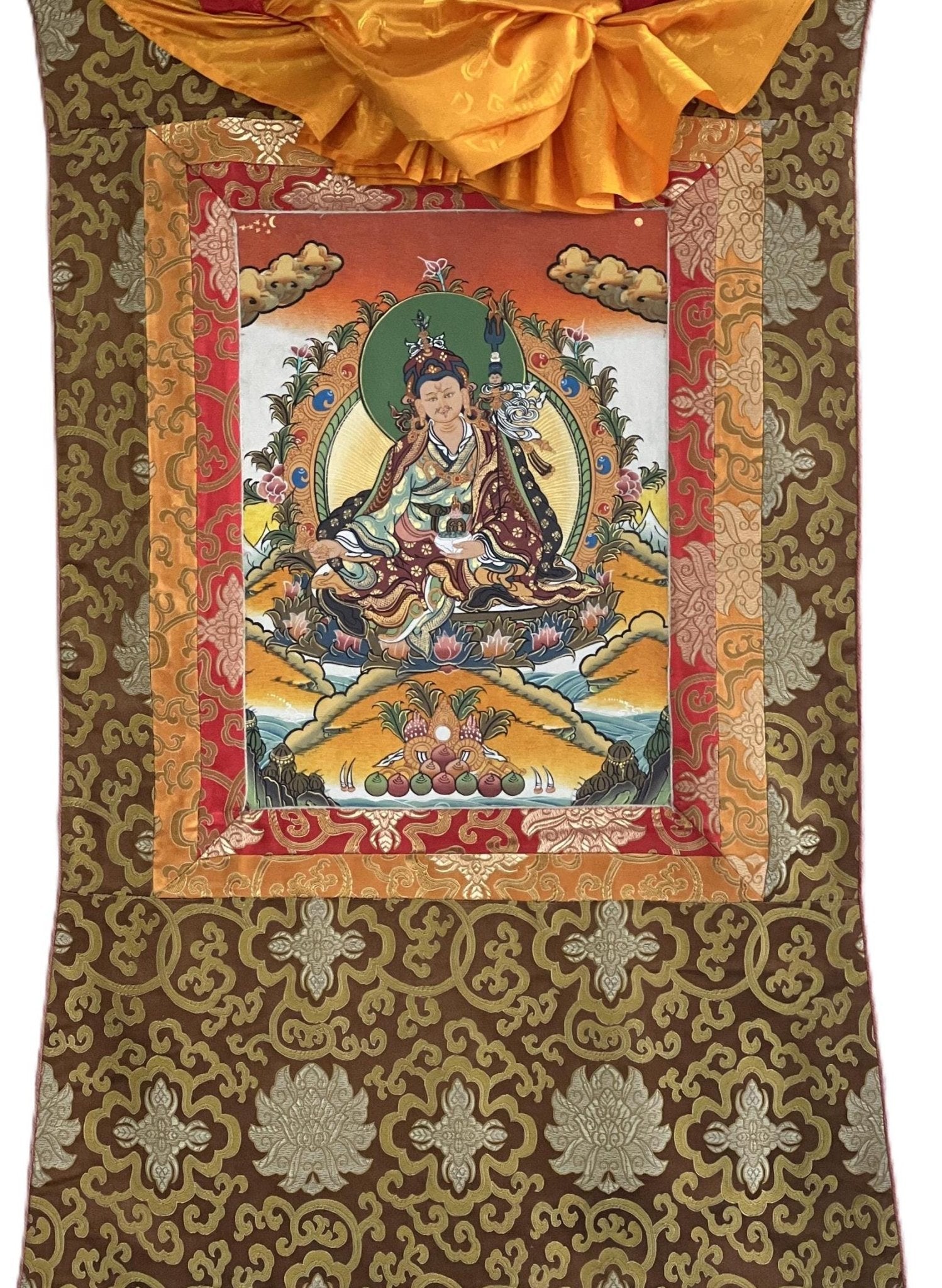 Original Hand - painted Padmasambhava Guru Rinpoche Tibetan Thangka/Thanka Painting with Silk Brocade - Tibetan Thangka Art
