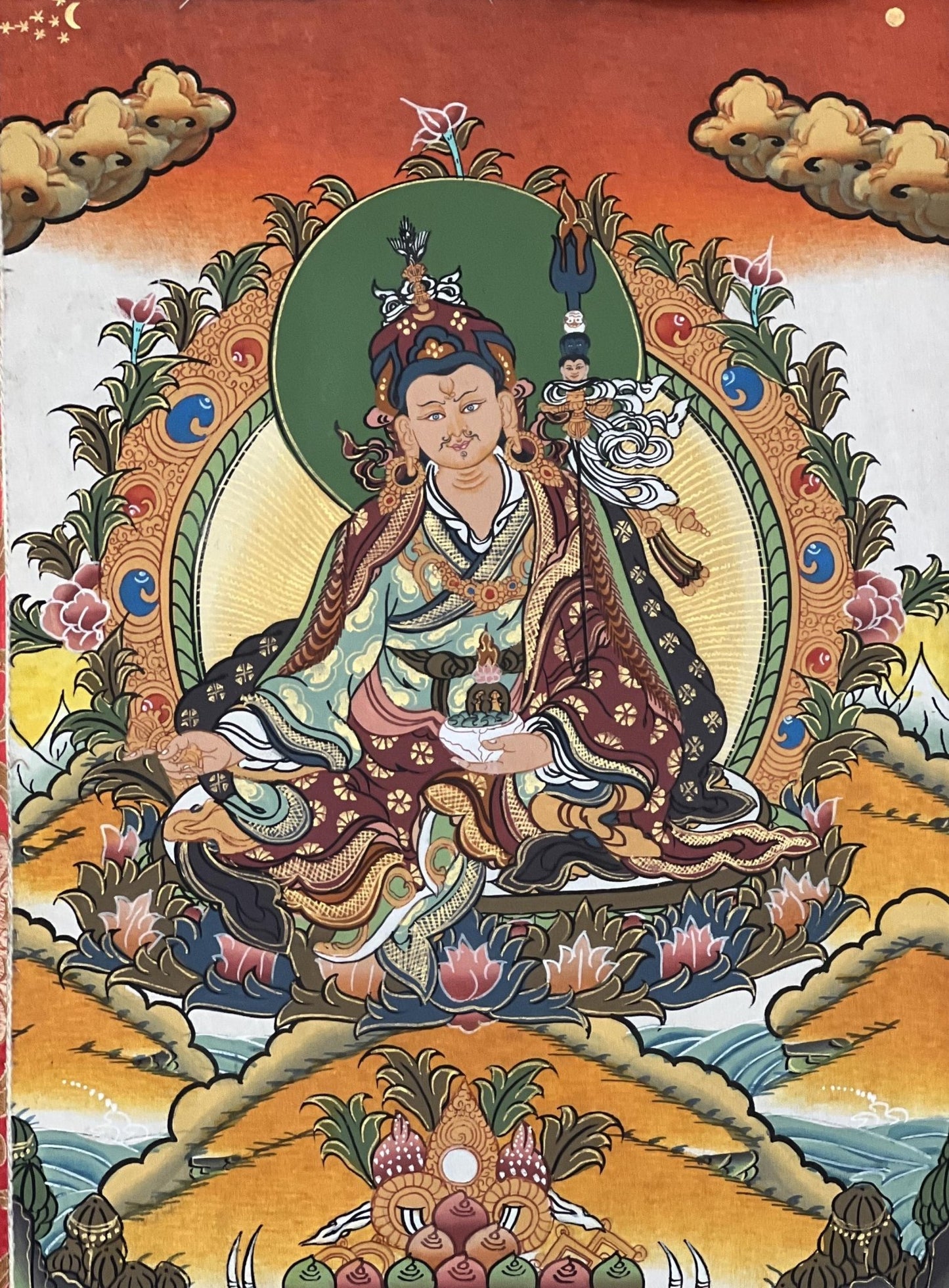 Original Hand - painted Padmasambhava Guru Rinpoche Tibetan Thangka/Thanka Painting with Silk Brocade - Tibetan Thangka Art