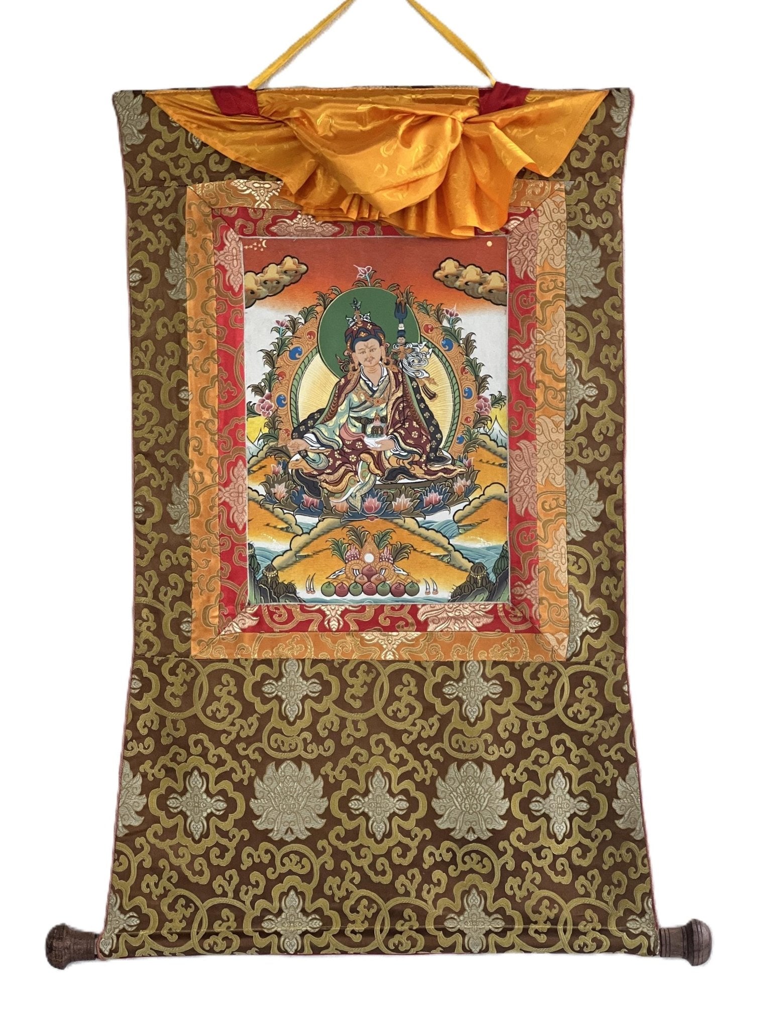 Original Hand - painted Padmasambhava Guru Rinpoche Tibetan Thangka/Thanka Painting with Silk Brocade - Tibetan Thangka Art