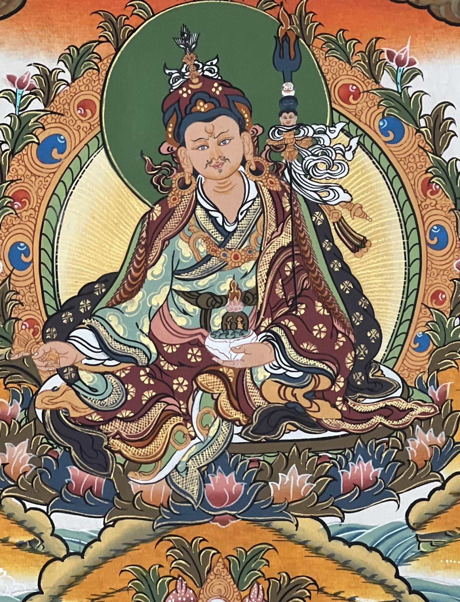 Original Hand - painted Padmasambhava Guru Rinpoche Tibetan Thangka/Thanka Painting with Silk Brocade - Tibetan Thangka Art