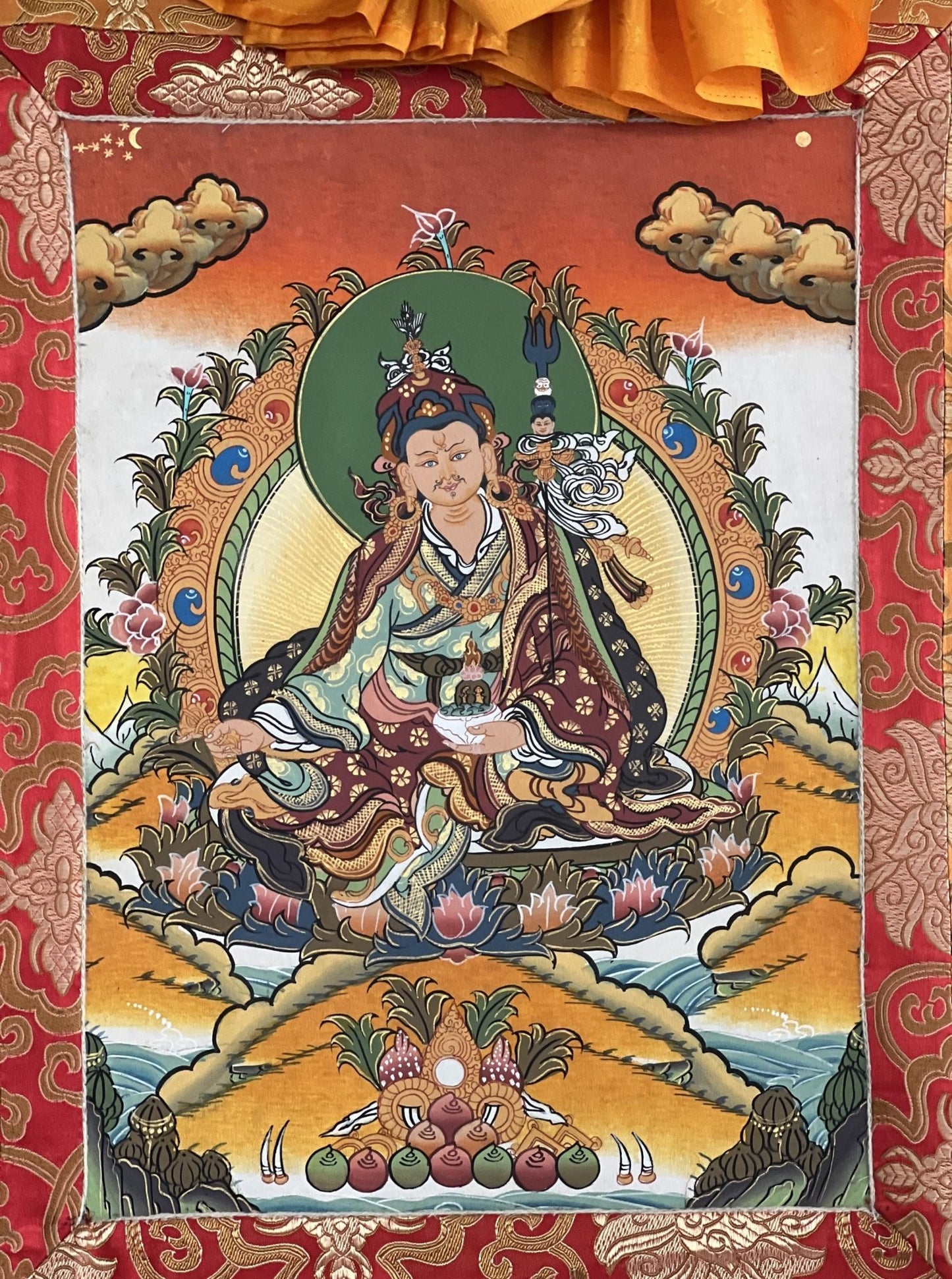 Original Hand - painted Padmasambhava Guru Rinpoche Tibetan Thangka/Thanka Painting with Silk Brocade - Tibetan Thangka Art