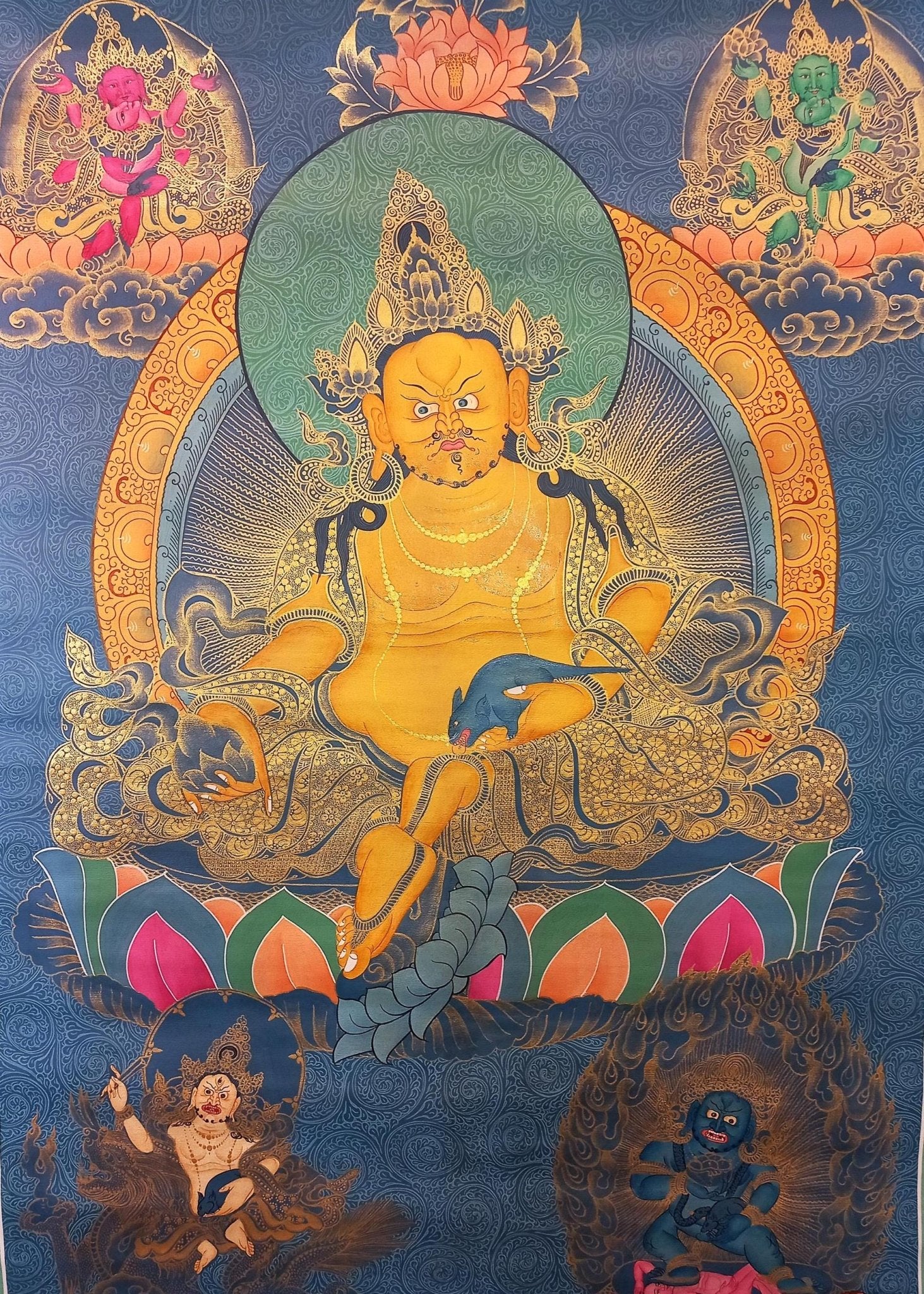 Original Hand Painted Pancha Jambhala / Zambala/ God Of Wealth/ Meditation Wall Hanging Smoky Old Style Thangka / Thanka Painting - Tibetan Thangka Art