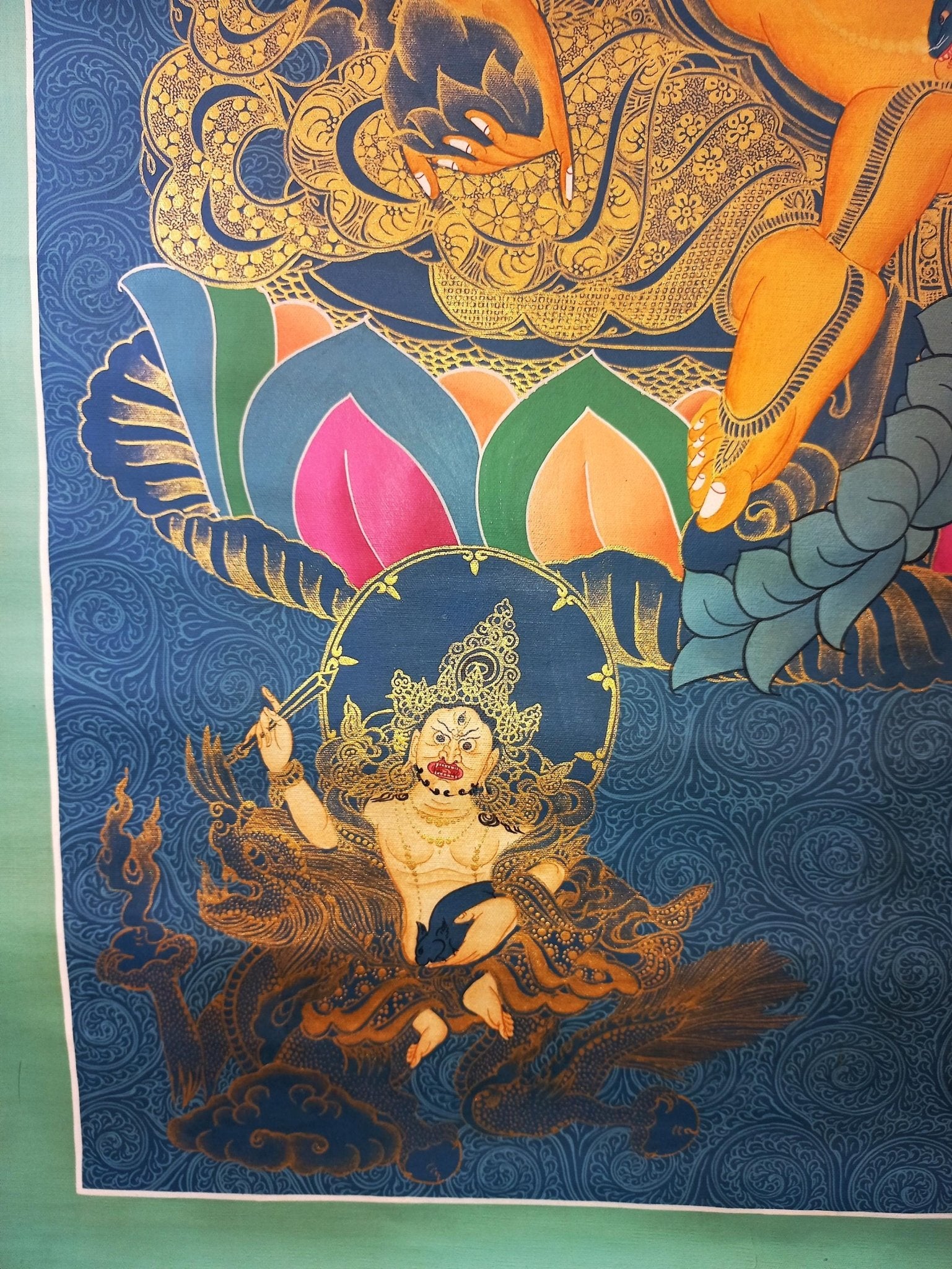 Original Hand Painted Pancha Jambhala / Zambala/ God Of Wealth/ Meditation Wall Hanging Smoky Old Style Thangka / Thanka Painting - Tibetan Thangka Art
