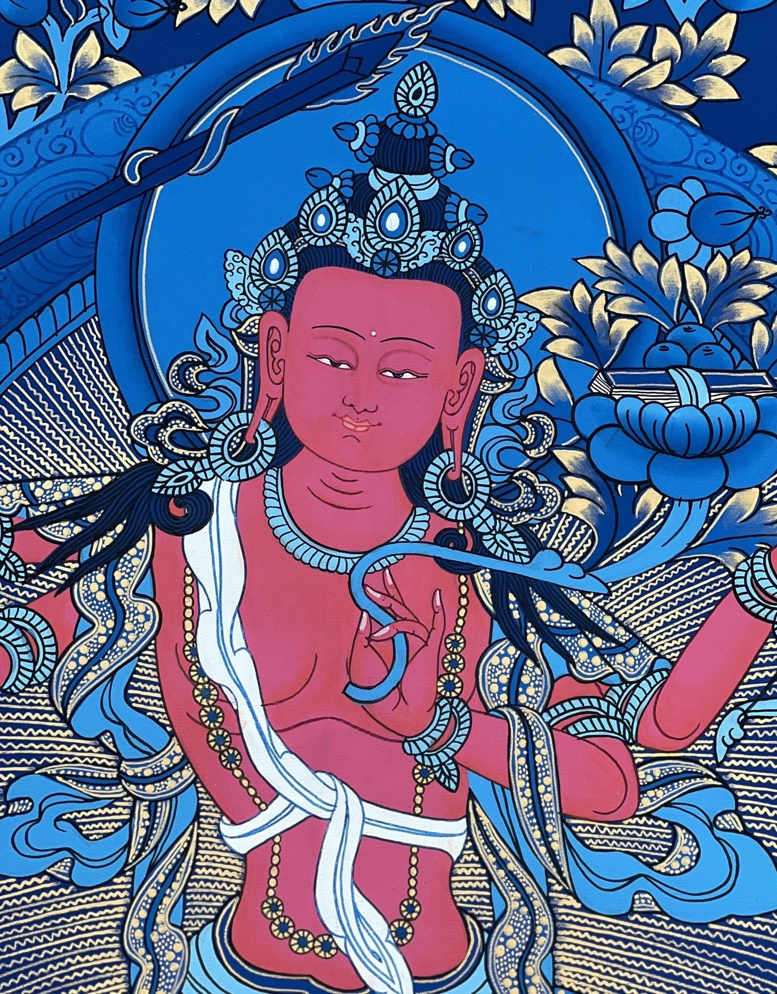 Original Hand - painted Red Manjushri/ Manjushree/ Bodhisattva Compassion Meditation Tibetan Thangka Painting with High - Quality Silk Brocade - Tibetan Thangka Art