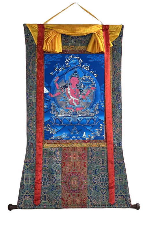 Original Hand - painted Red Manjushri/ Manjushree/ Bodhisattva Compassion Meditation Tibetan Thangka Painting with High - Quality Silk Brocade - Tibetan Thangka Art