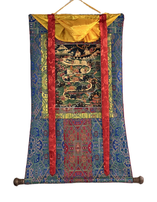 Original Hand - painted Samatha Meditation Elephant Path Way to Heaven/ Nirvana Master quality Tibetan Thangka Painting With Silk Brocade - Tibetan Thangka Art