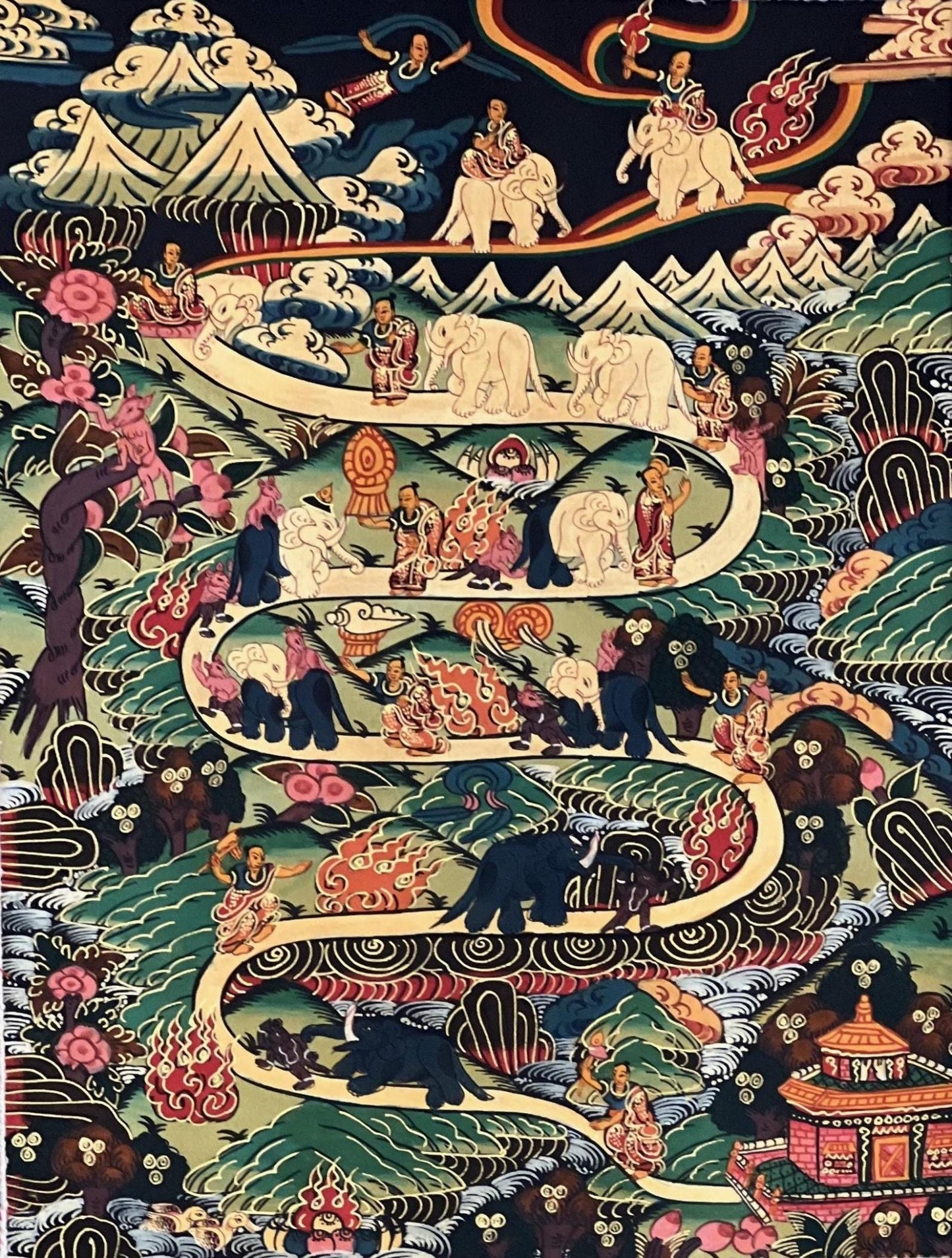 Original Hand - painted Samatha Meditation Elephant Path Way to Heaven/ Nirvana Master quality Tibetan Thangka Painting With Silk Brocade - Tibetan Thangka Art