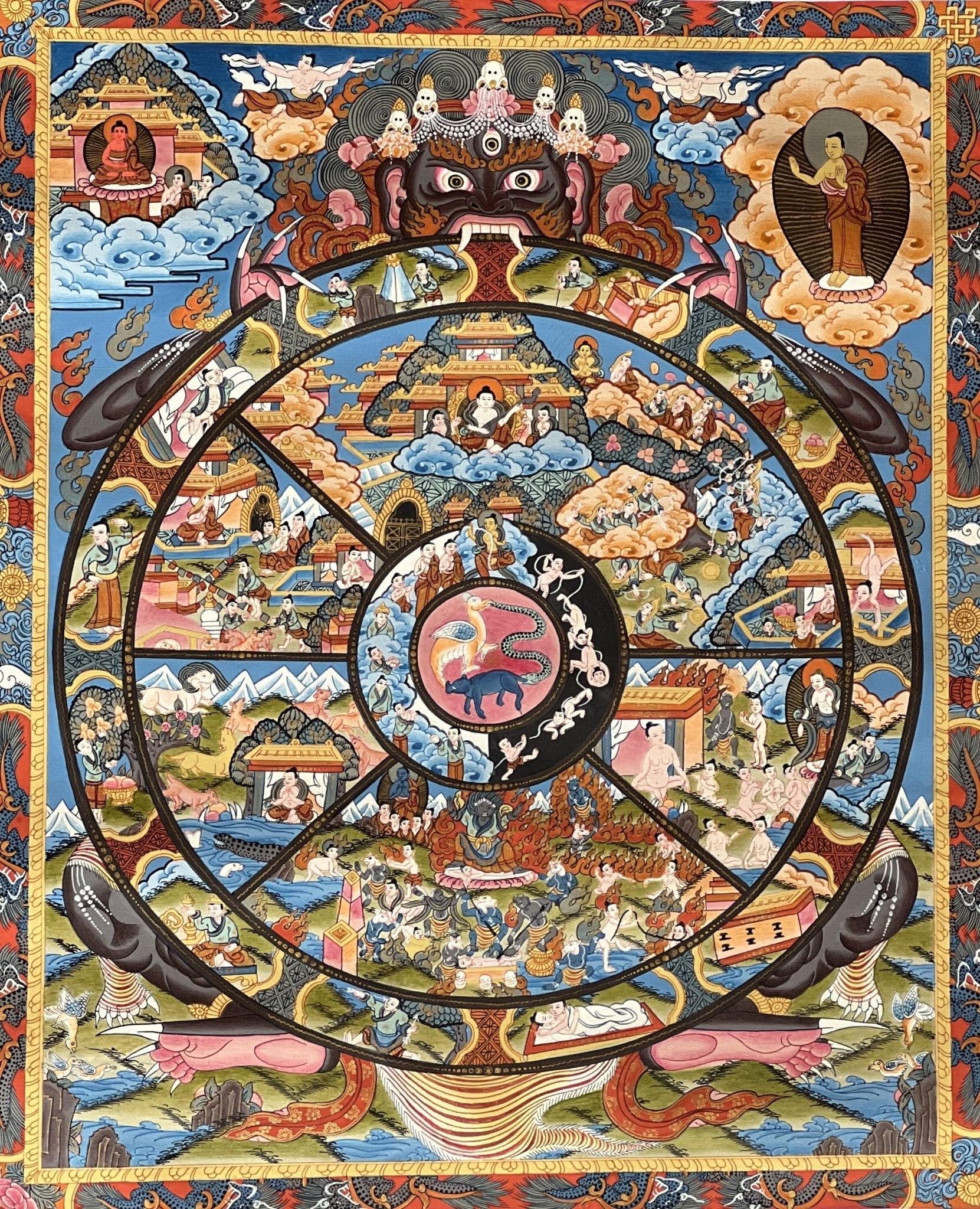 Original Hand Painted Samsara Wheel Of Life Mandala Masterpiece 24k Gold Tibetan Meditation Thangka Painting with High Quality Silk Brocade - Tibetan Thangka Art