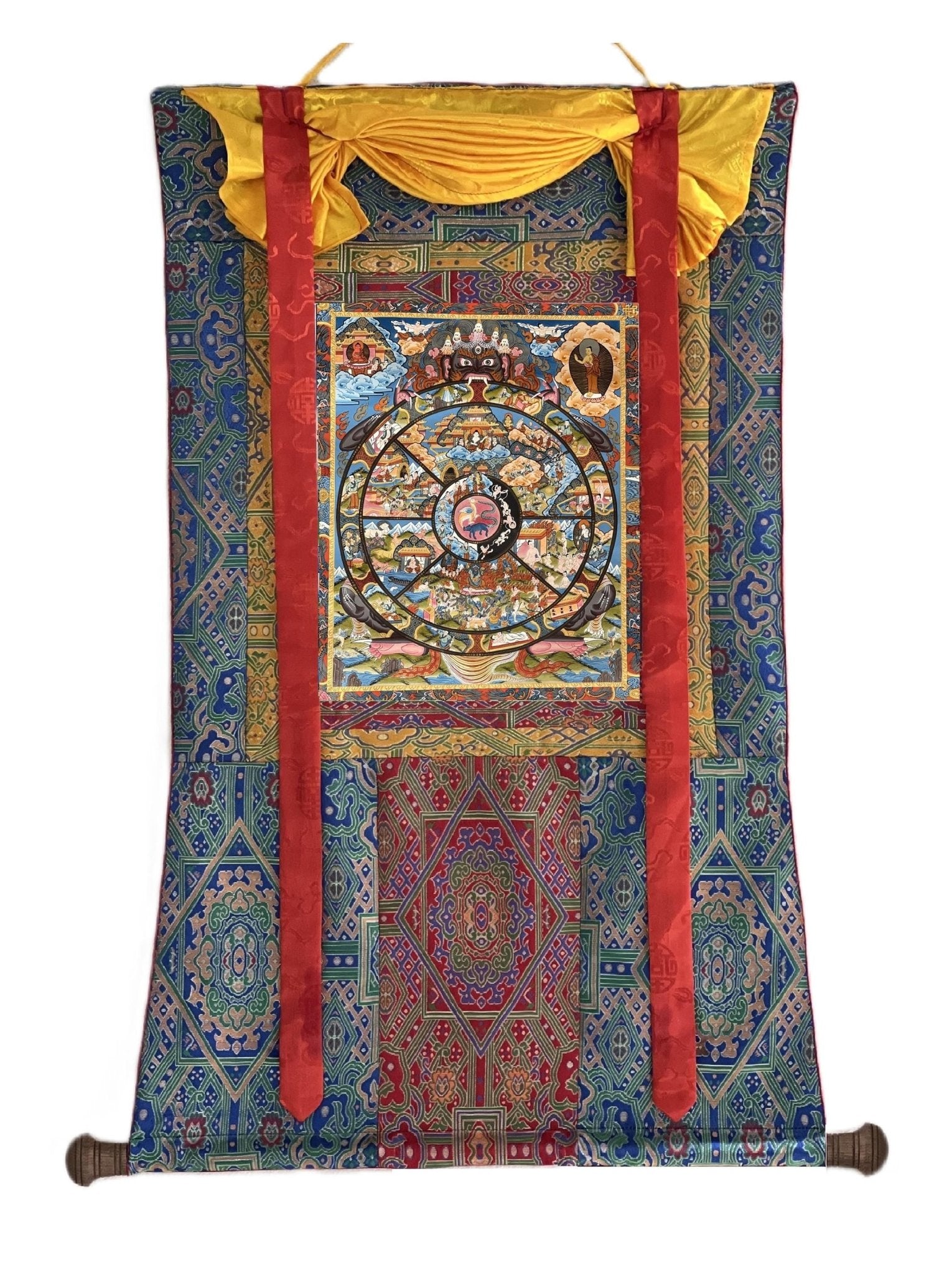 Original Hand Painted Samsara Wheel Of Life Mandala Masterpiece 24k Gold Tibetan Meditation Thangka Painting with High Quality Silk Brocade - Tibetan Thangka Art