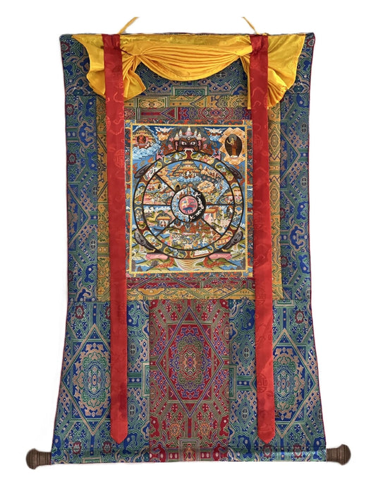Original Hand Painted Samsara Wheel Of Life Mandala Masterpiece 24k Gold Tibetan Meditation Thangka Painting with High Quality Silk Brocade - Tibetan Thangka Art