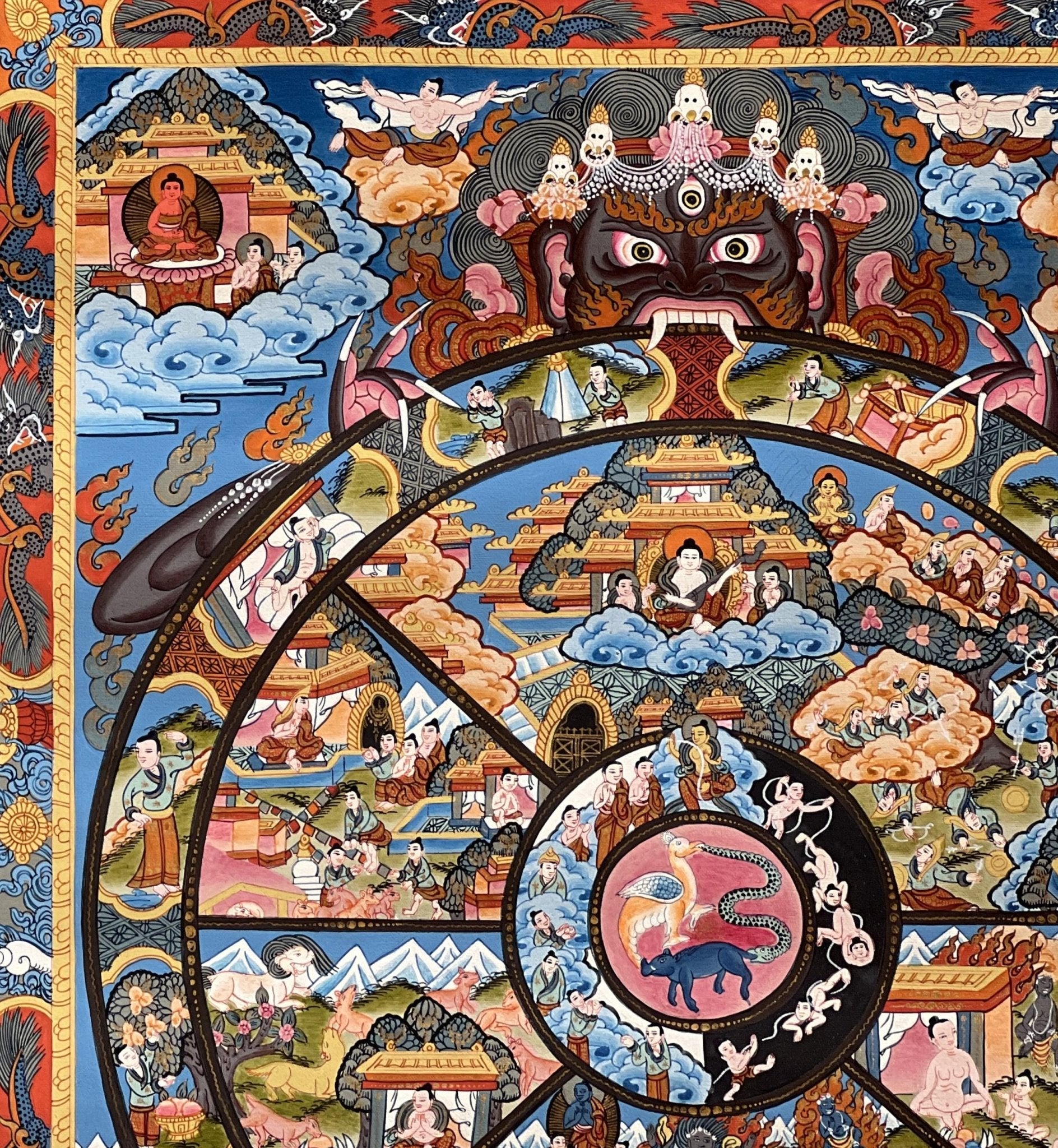 Original Hand Painted Samsara Wheel Of Life Mandala Masterpiece 24k Gold Tibetan Meditation Thangka Painting with High Quality Silk Brocade - Tibetan Thangka Art