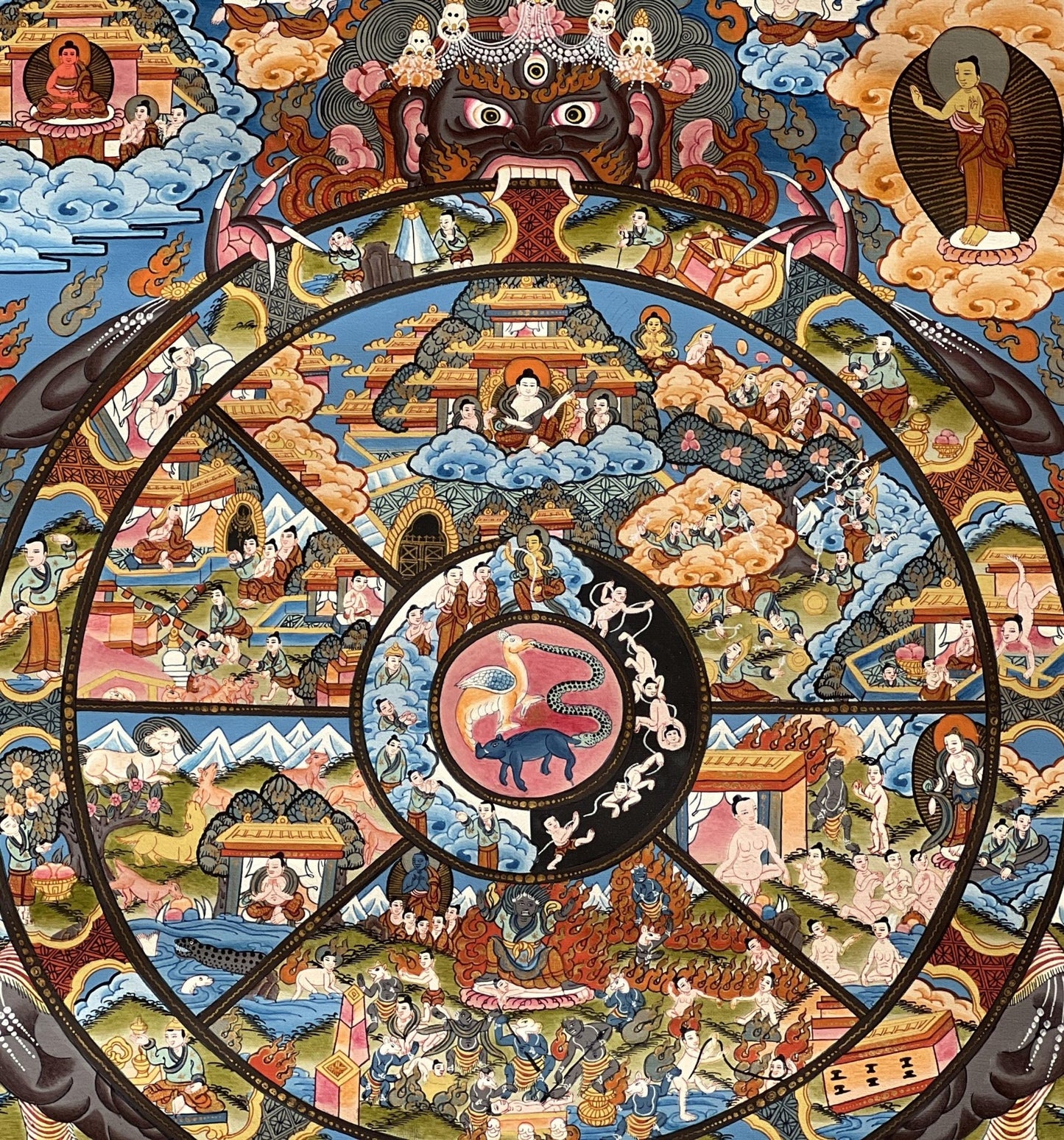 Original Hand Painted Samsara Wheel Of Life Mandala Masterpiece 24k Gold Tibetan Meditation Thangka Painting with High Quality Silk Brocade - Tibetan Thangka Art