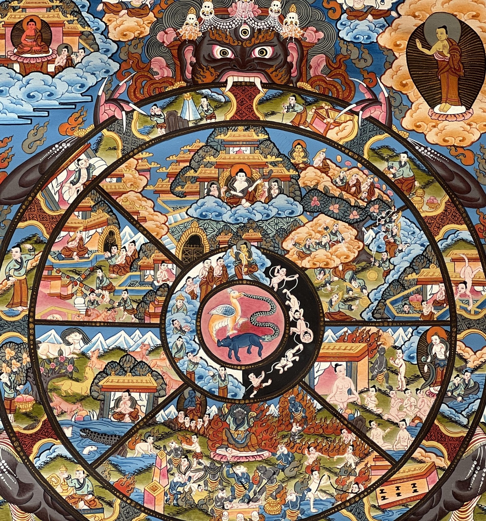 Original Hand Painted Samsara Wheel Of Life Mandala Masterpiece 24k Gold Tibetan Meditation Thangka Painting with High Quality Silk Brocade - Tibetan Thangka Art