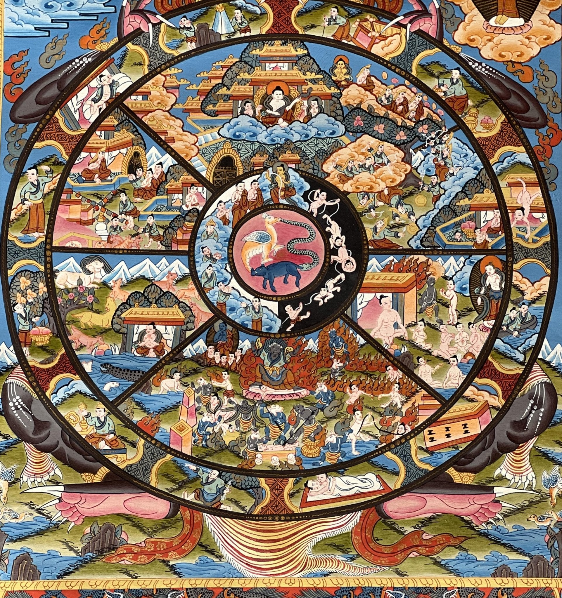 Original Hand Painted Samsara Wheel Of Life Mandala Masterpiece 24k Gold Tibetan Meditation Thangka Painting with High Quality Silk Brocade - Tibetan Thangka Art