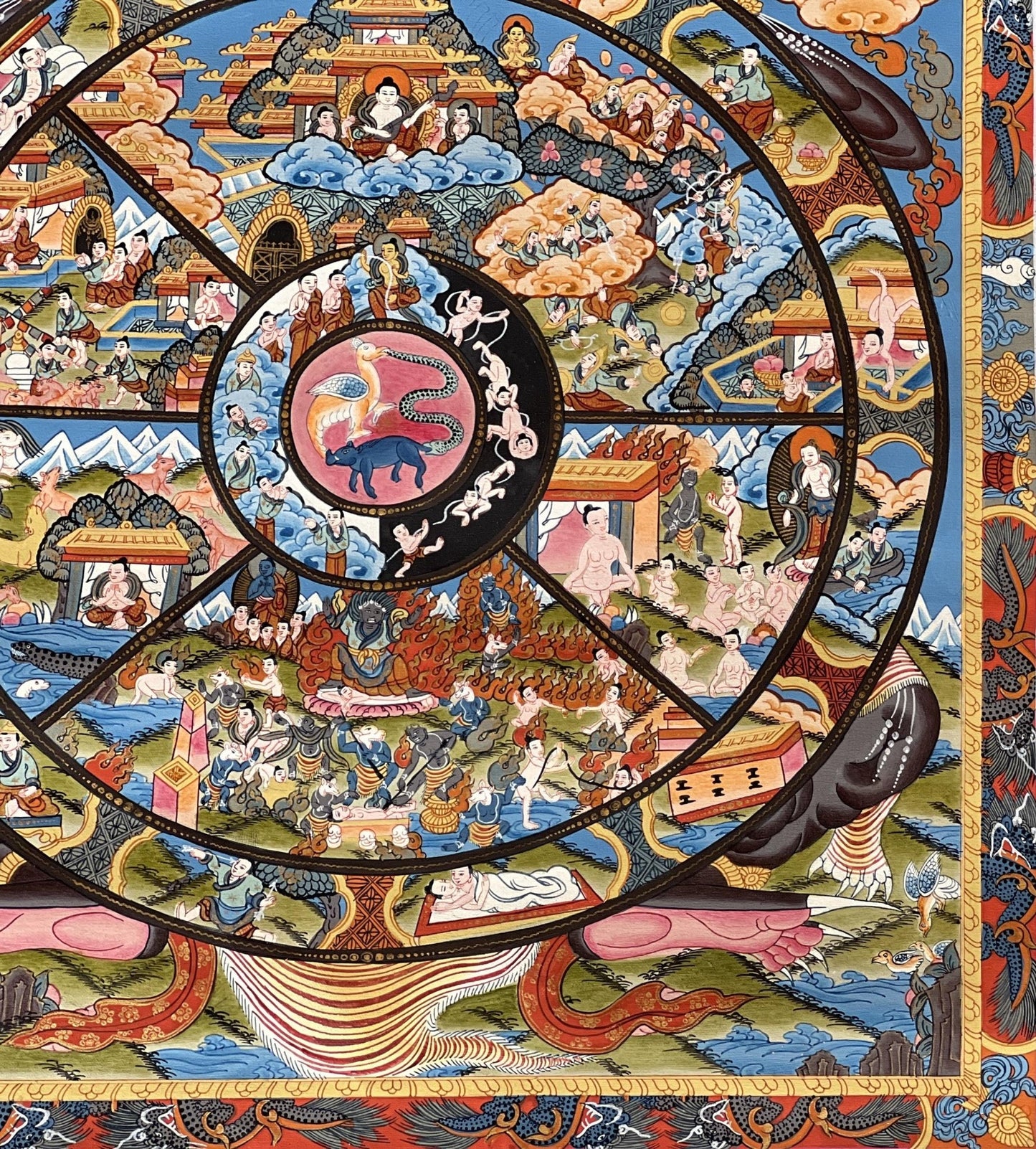 Original Hand Painted Samsara Wheel Of Life Mandala Masterpiece 24k Gold Tibetan Meditation Thangka Painting with High Quality Silk Brocade - Tibetan Thangka Art